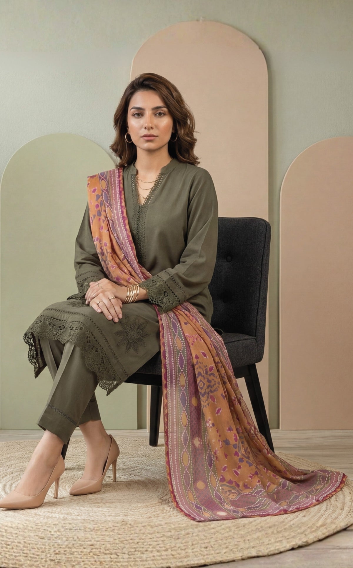 Olive Green Embroidered 3-Piece Suit with Multicolor Digital Print Dupatta