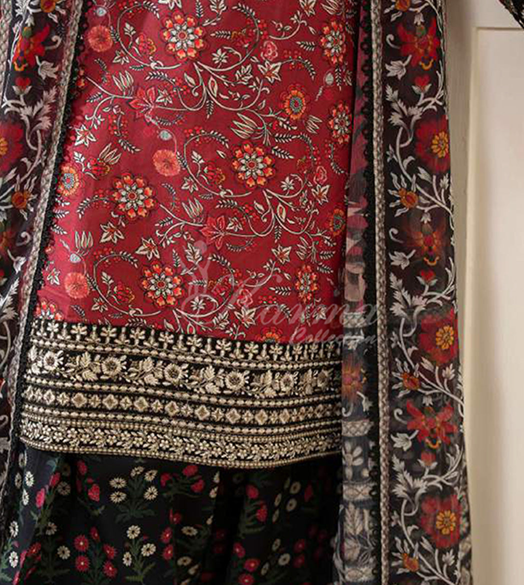 Crimson Noir Embroidered Lawn Suit with Printed Dupatta & Farshi Shalwar
