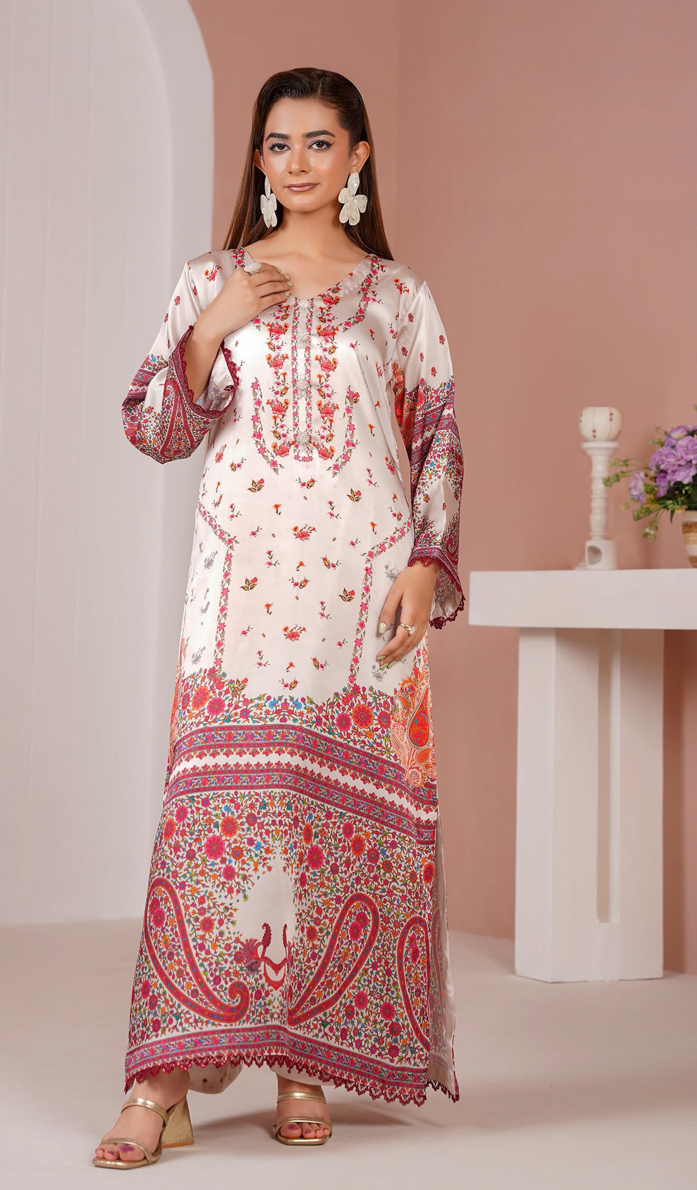 Ivory Red Floral Printed Silk Long Shirt & Trouser