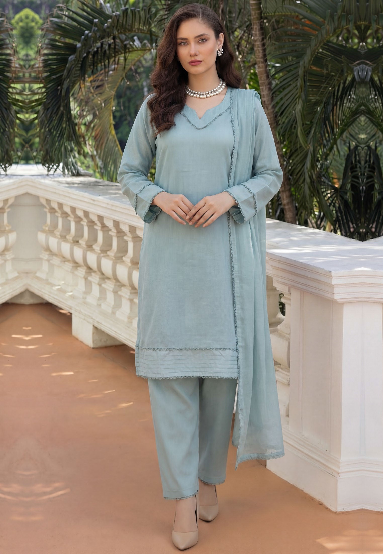 Ash Blue Premium Jacquard Lawn 3-Piece Stitched Suit
