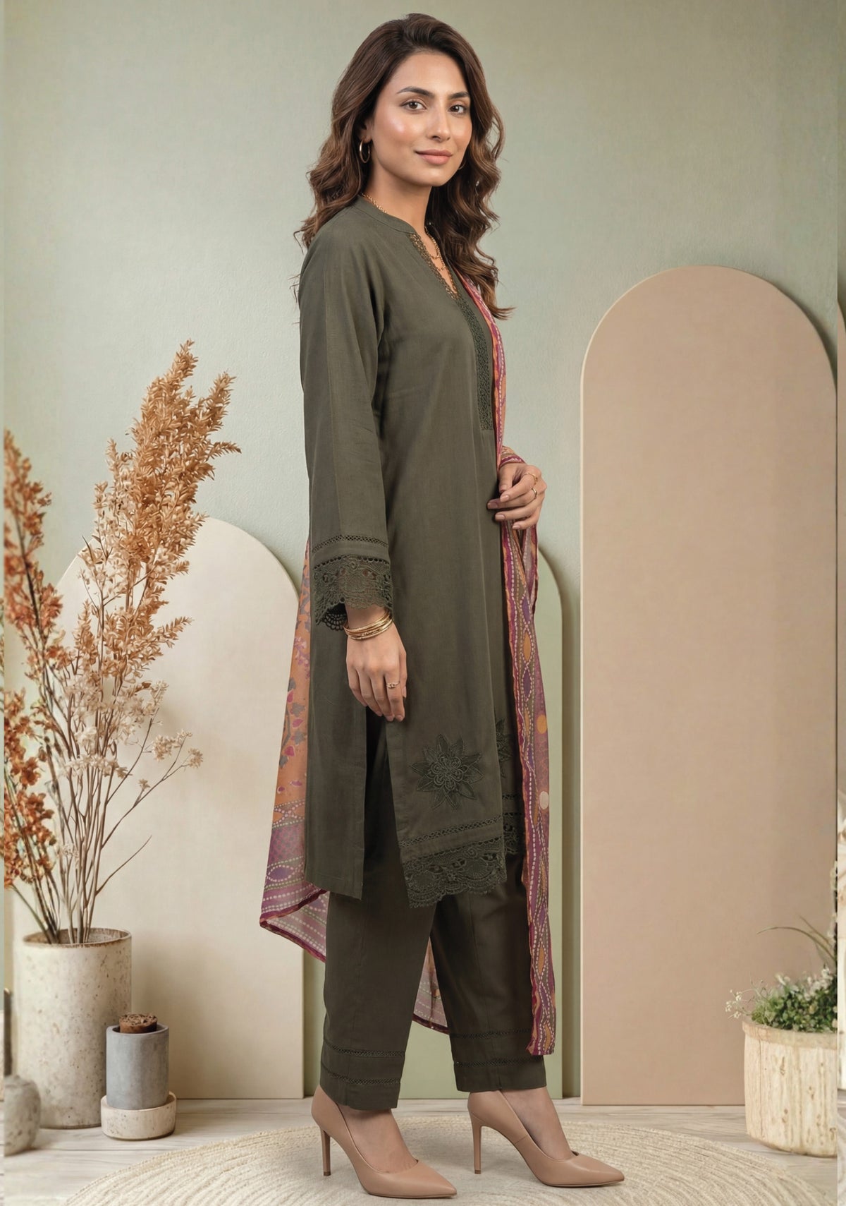 Olive Green Embroidered 3-Piece Suit with Multicolor Digital Print Dupatta