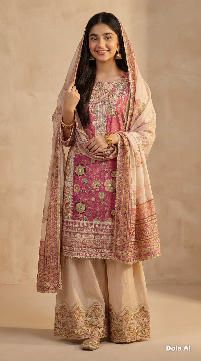 Karma Shocking Pink 3pc Outfit With Farshi Shalwaar