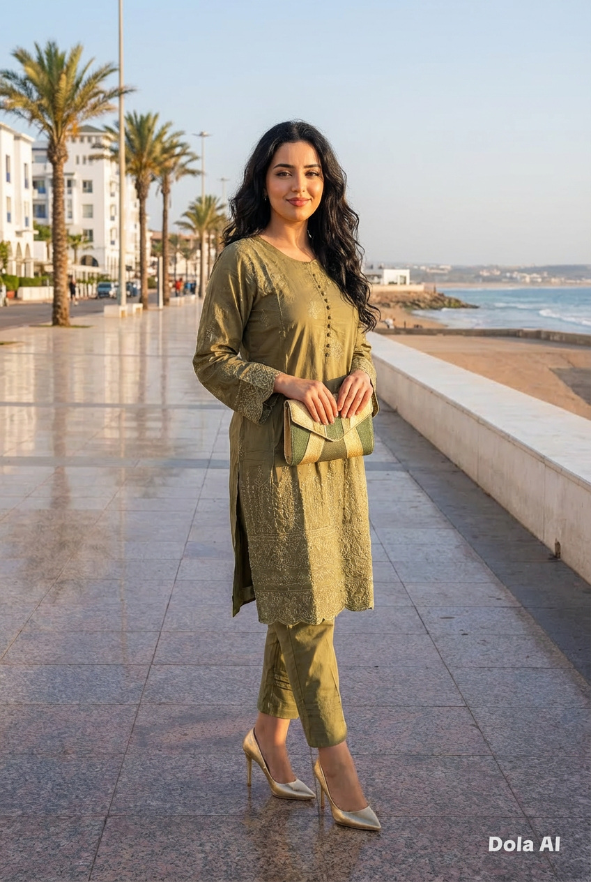 2pc -co-ord set in khaki green with chickenkari embroidery