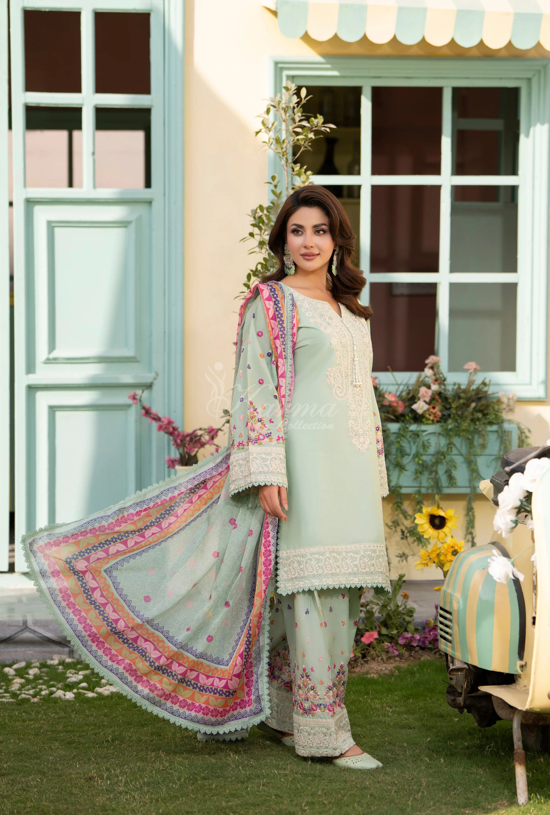 Original karma collection 3pc suit with embroidery farshi shalwar SAGE TINT
KC-1556