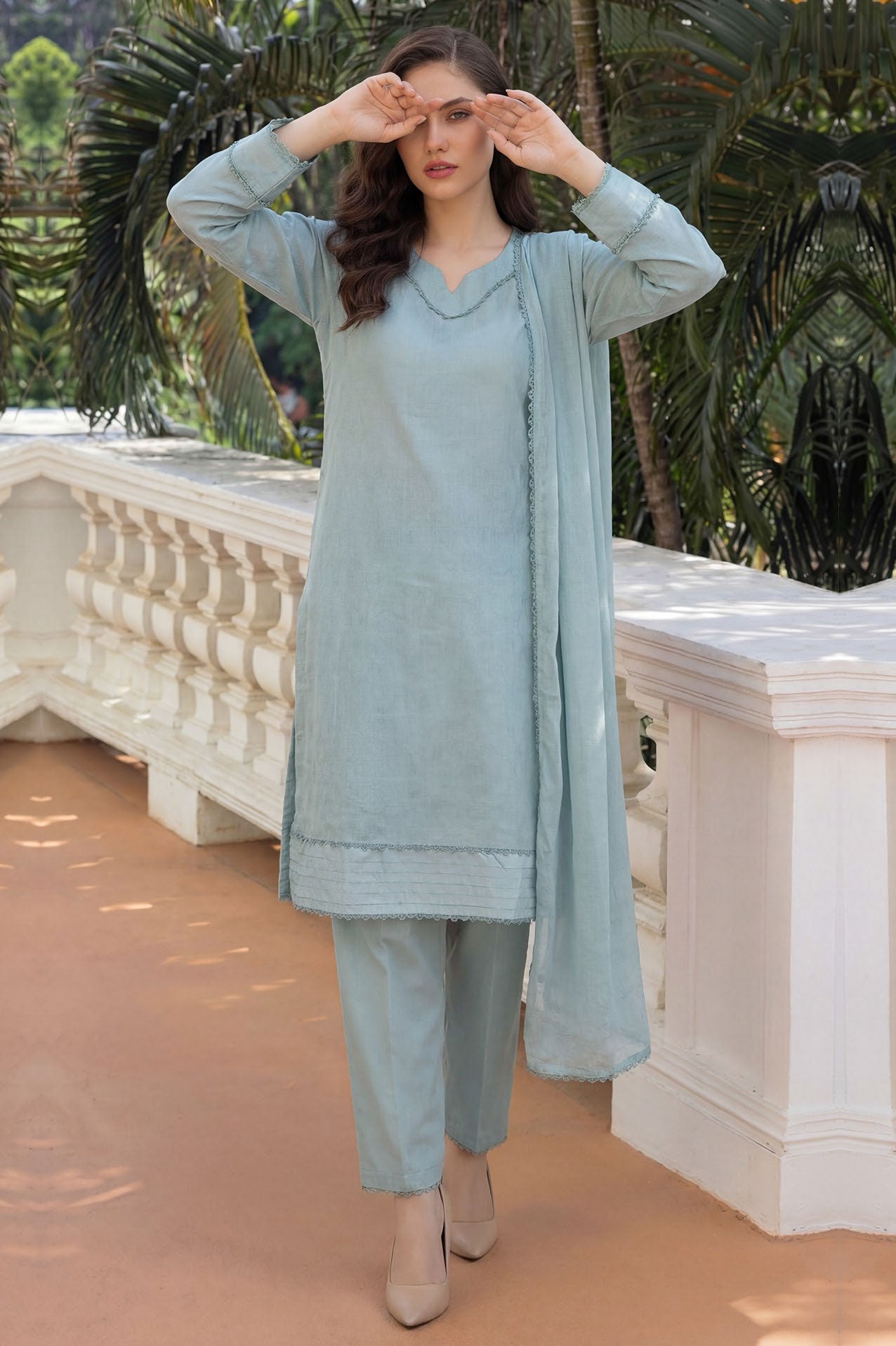 Ash Blue Premium Jacquard Lawn 3-Piece Stitched Suit