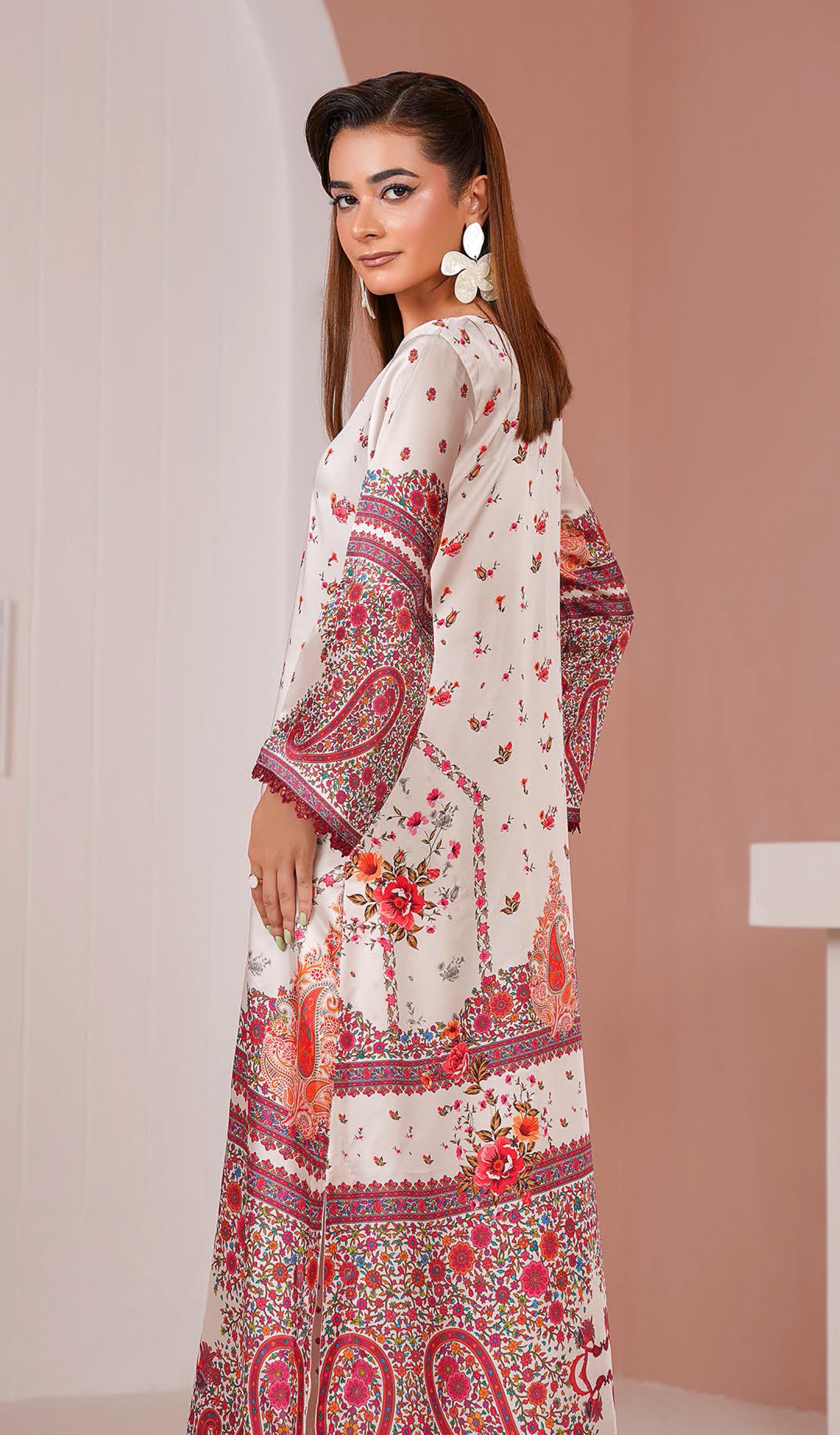 Ivory Red Floral Printed Silk Long Shirt & Trouser