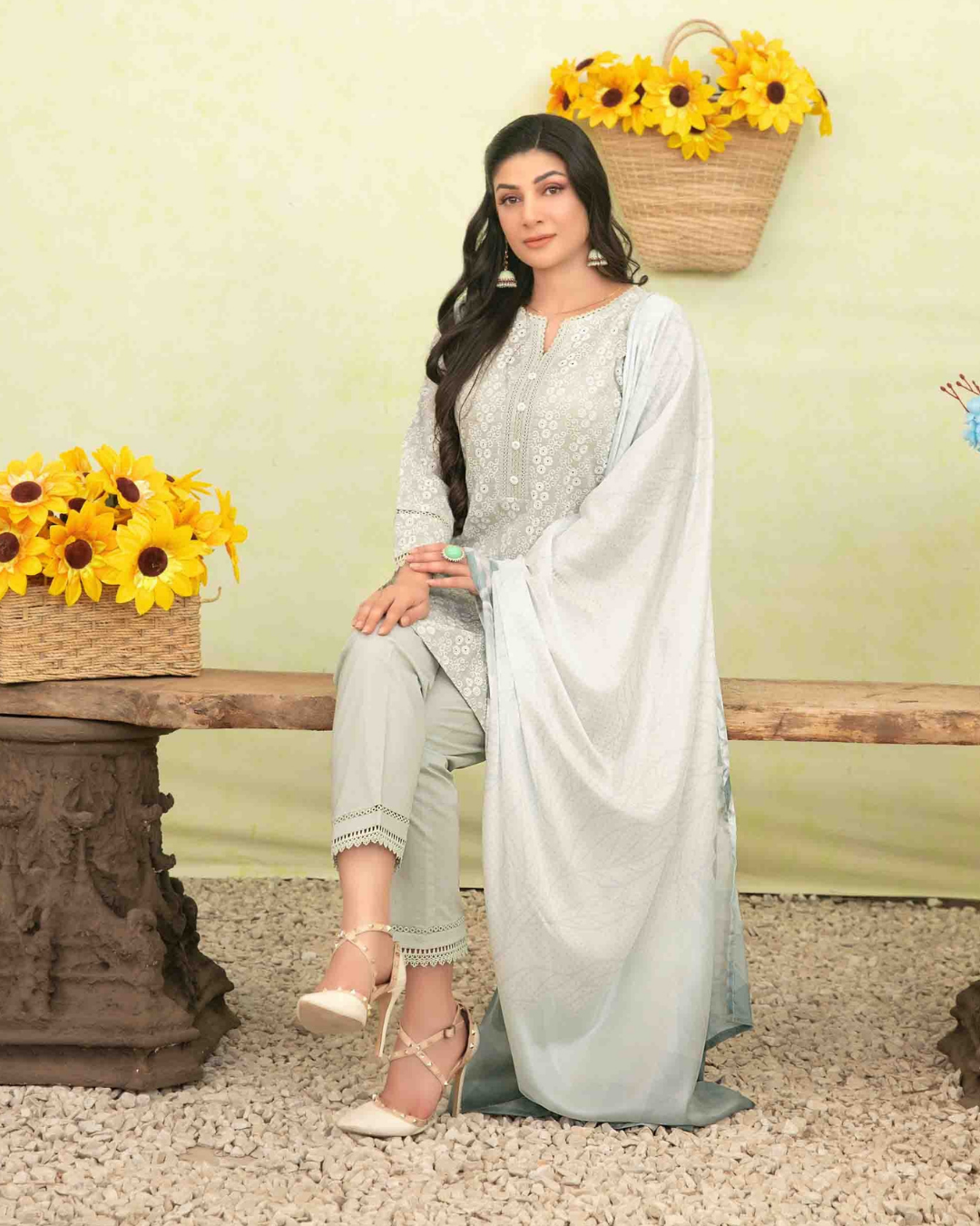 Silver Grey Floral Printed 3-Piece Stitched Suit with Digital Printed Dupatta