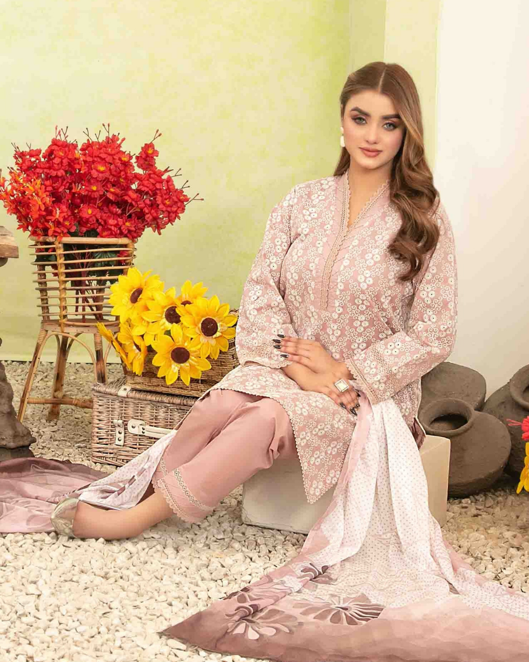 Blush Pink Floral Printed 3-Piece Stitched Suit with Digital Printed Dupatta