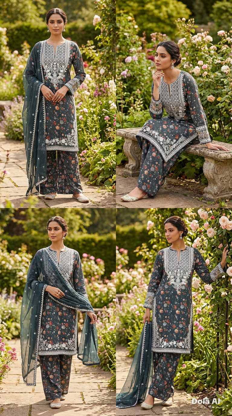 Floral suit with wide trousers and Chiffon embroidery dupatta