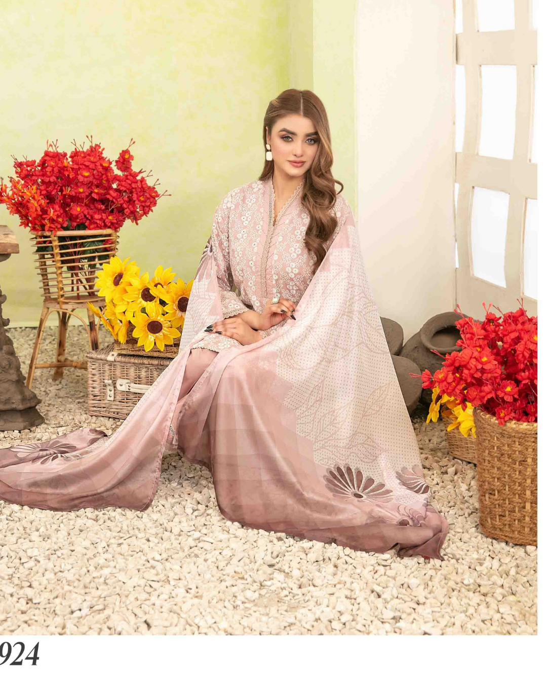 Blush Pink Floral Printed 3-Piece Stitched Suit with Digital Printed Dupatta