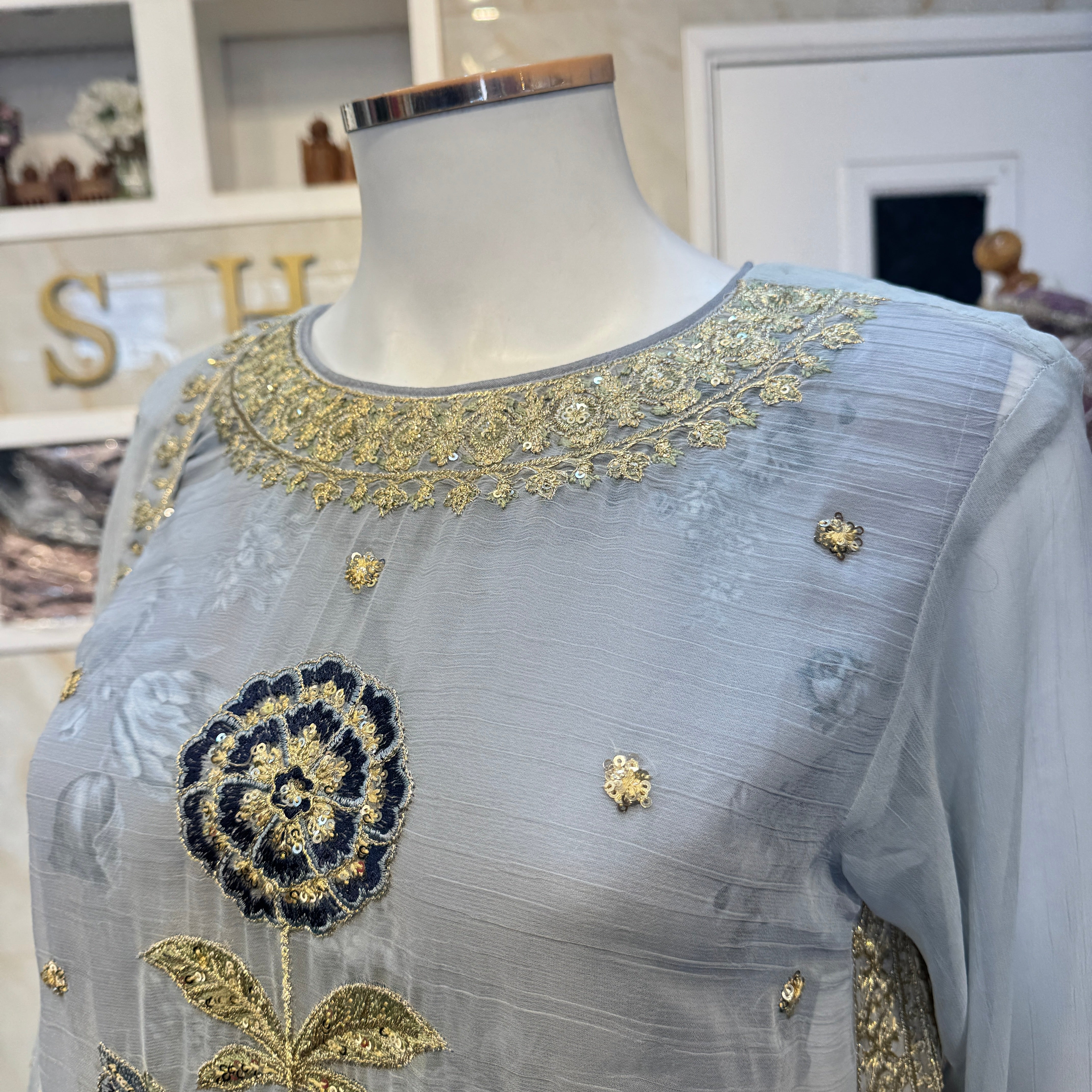 Ar baby blue ethnic  chiffon with patchwork  Womenswear