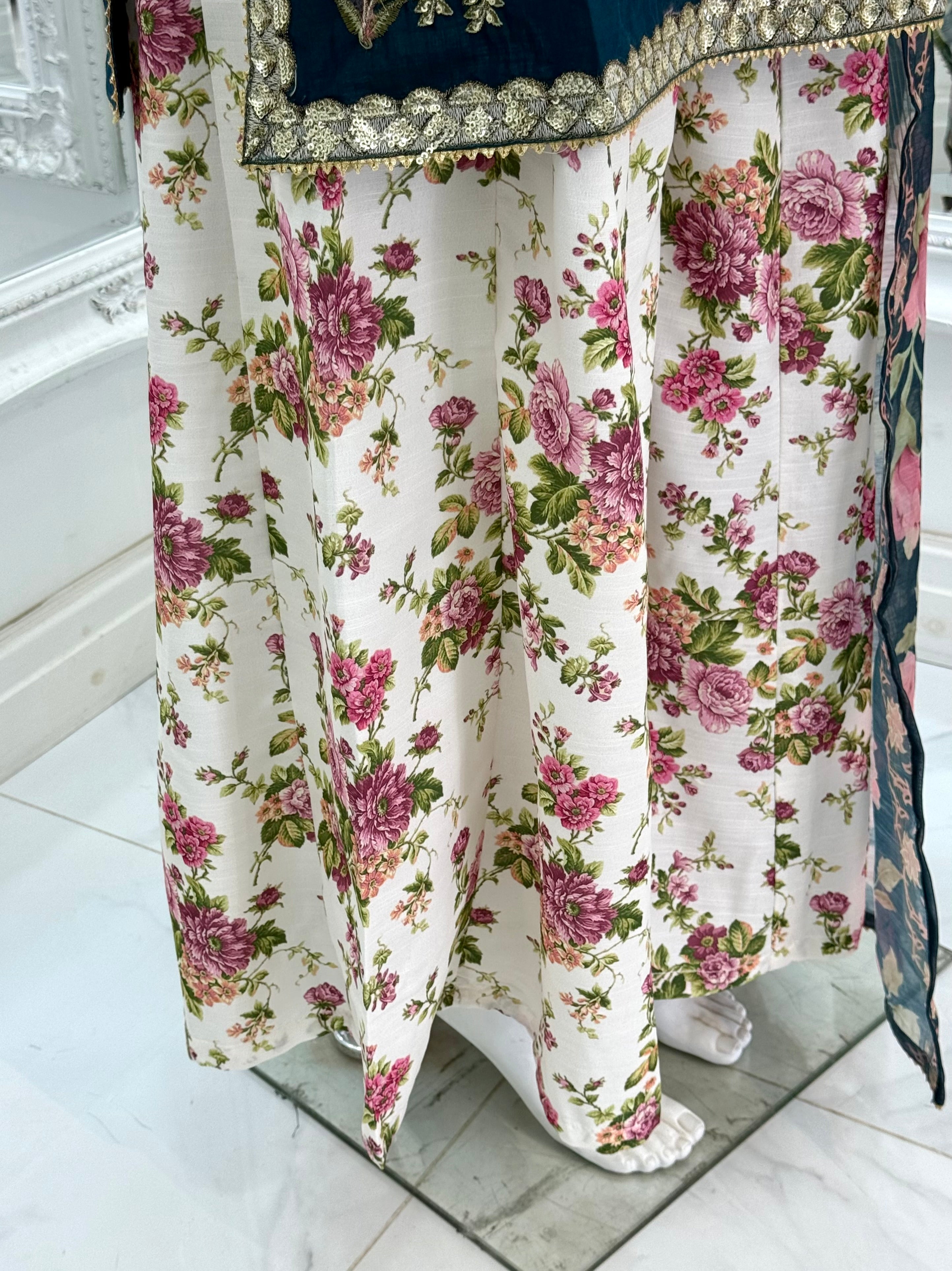 Ethnic inspired blue with white floral plazo trousers