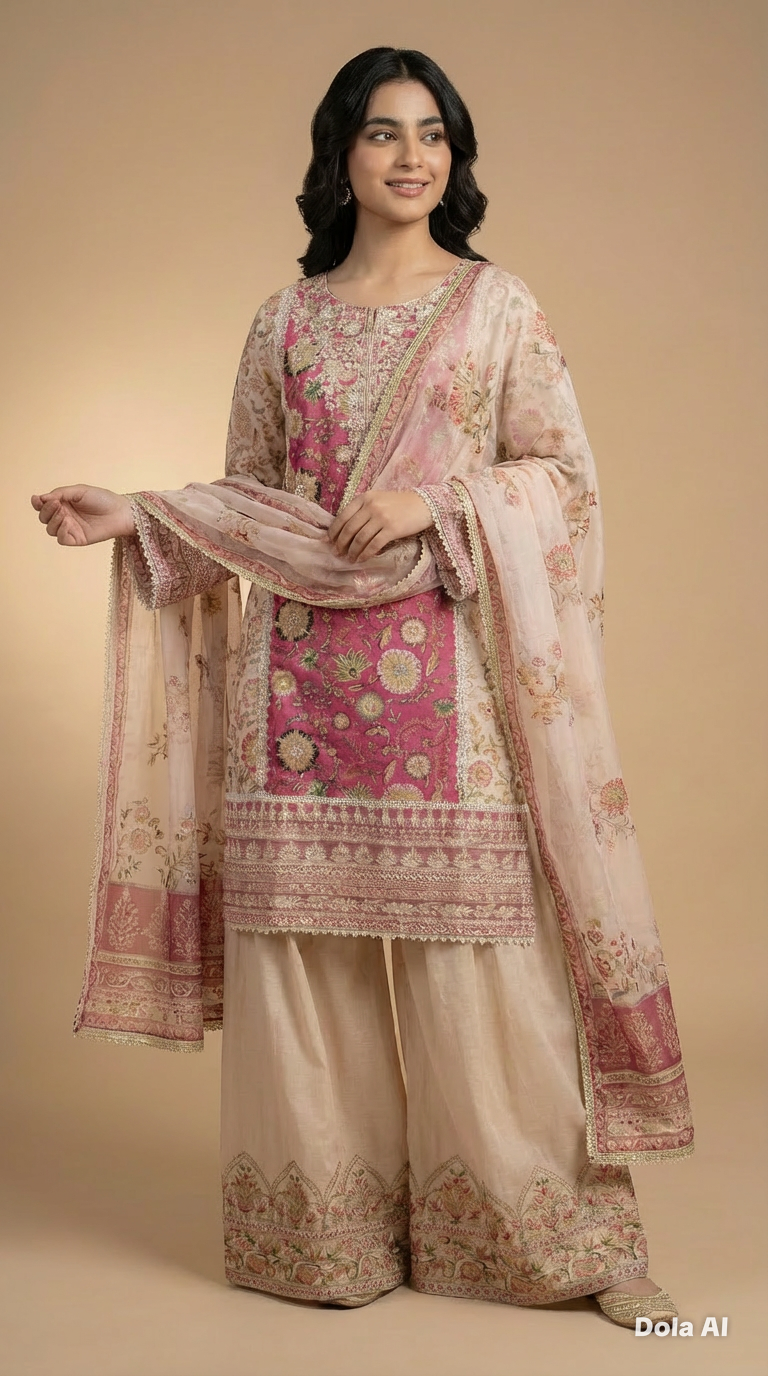 Karma Shocking Pink 3pc Outfit With Farshi Shalwaar