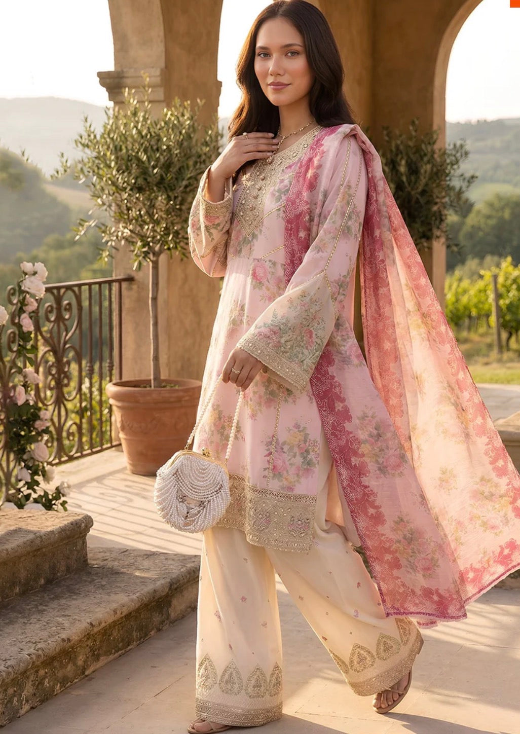 Blush Bloom Printed Silk Viscose Suit with Embroidered Neckline & Flare Trouser