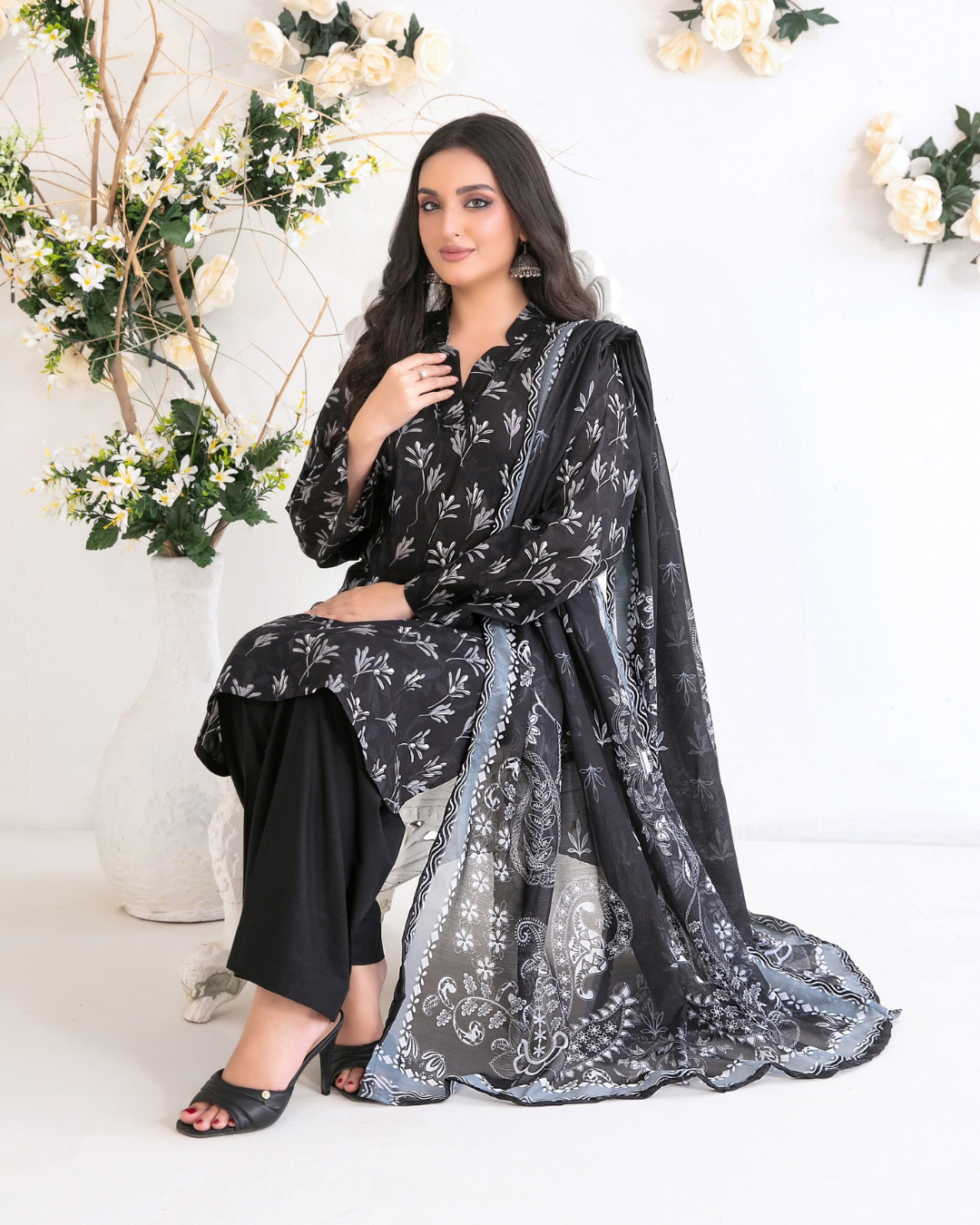 Black & White Printed Suit with Floral Pattern Dupatta