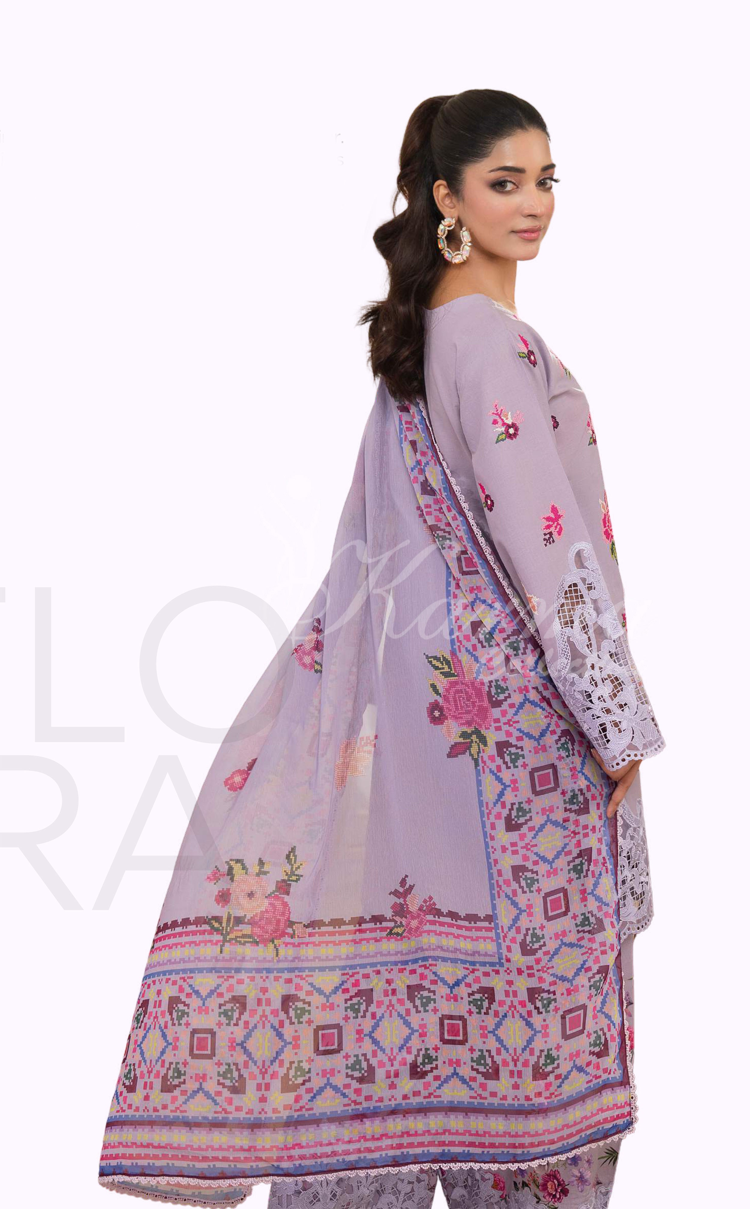 Heather Purple Embroidered Lawn Suit with Floral Printed Trouser & Chiffon Dupatta