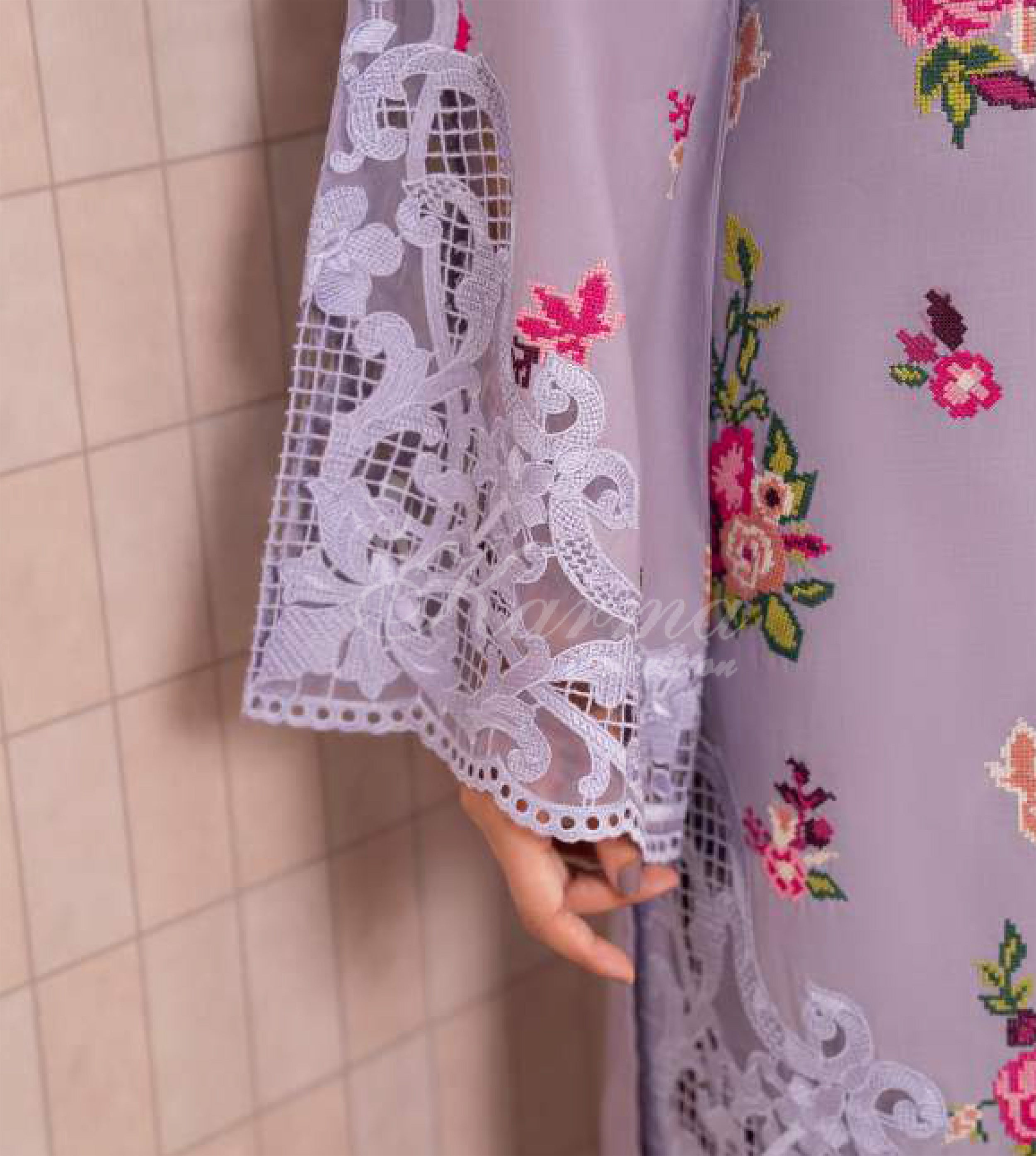 Heather Purple Embroidered Lawn Suit with Floral Printed Trouser & Chiffon Dupatta