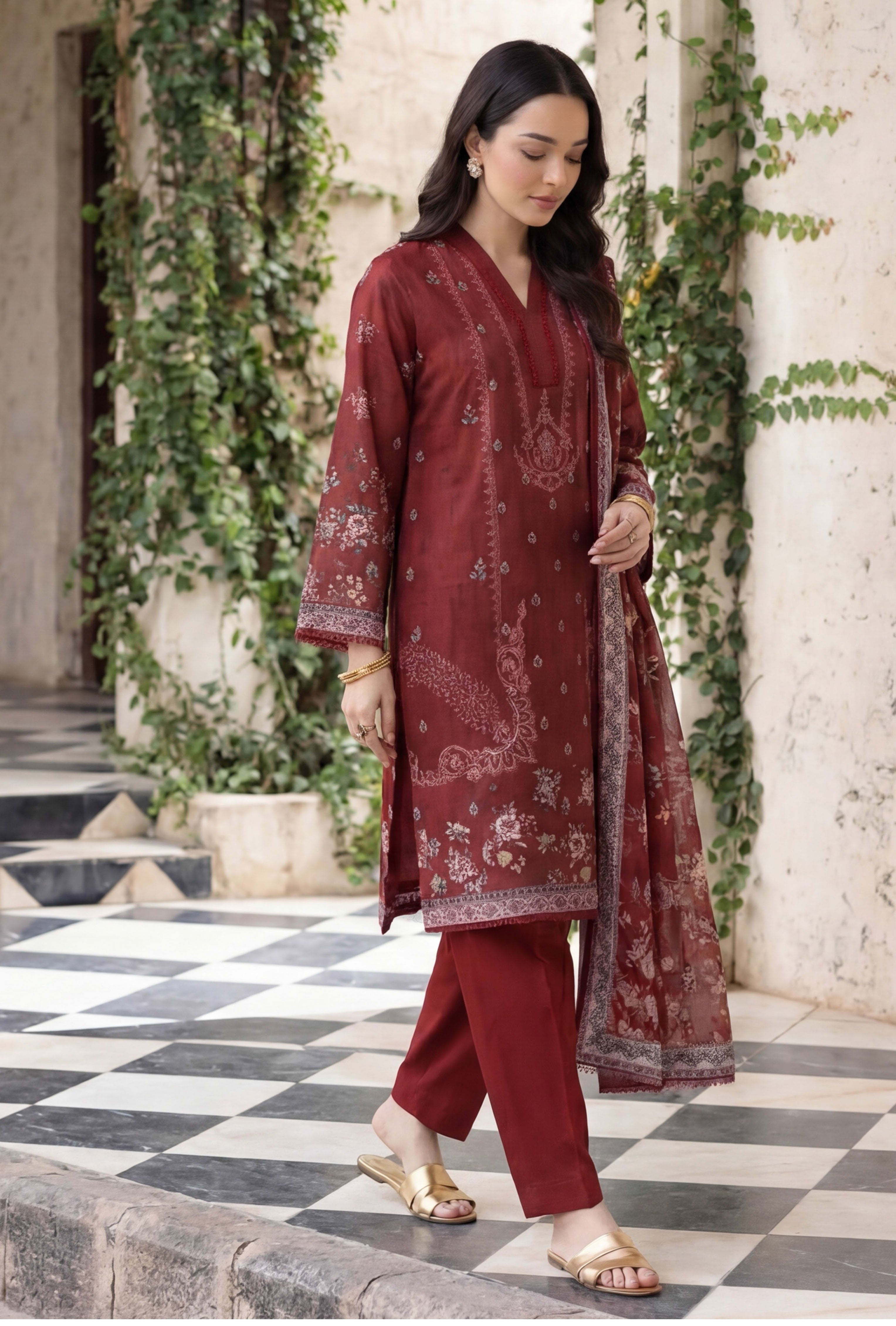 Maroon 3pc Lawn Stitched Suit