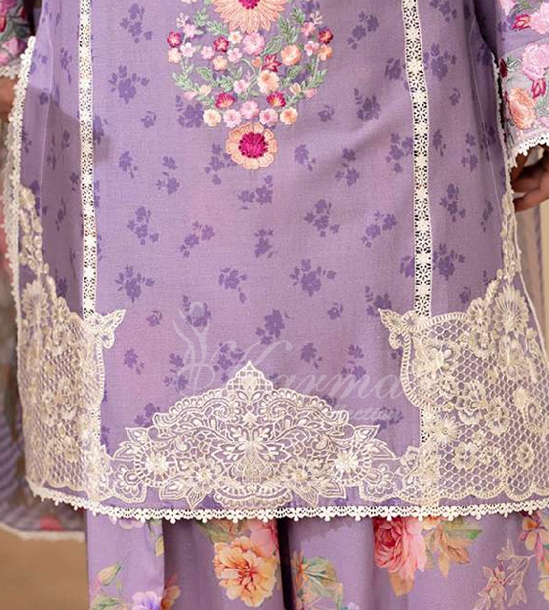Lavender Bloom Embroidered Lawn Suit with Floral Printed Dupatta & Farshi Shalwar
