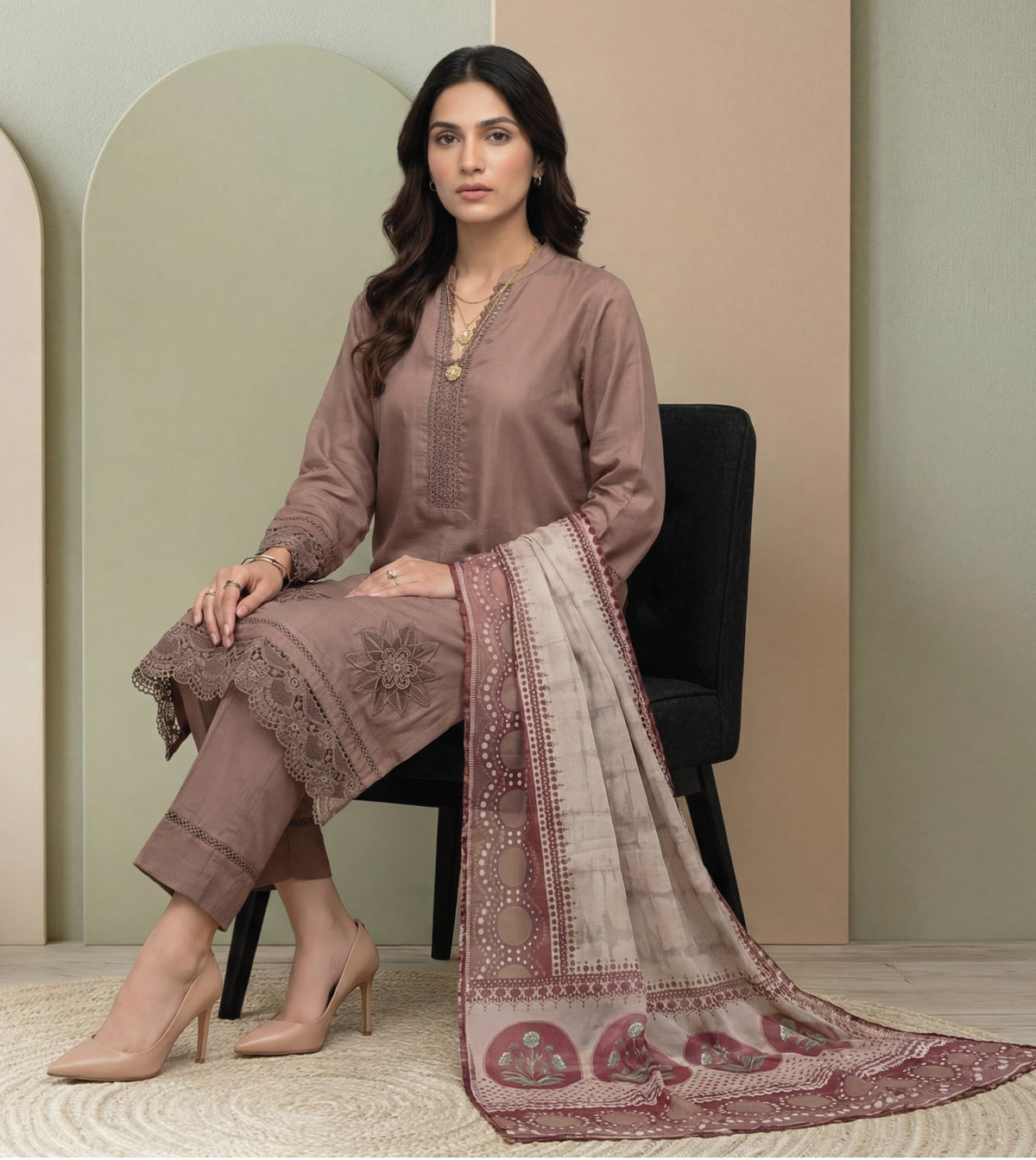 Mauve Taupe Embroidered 3-Piece Suit with Printed Digital Dupatta