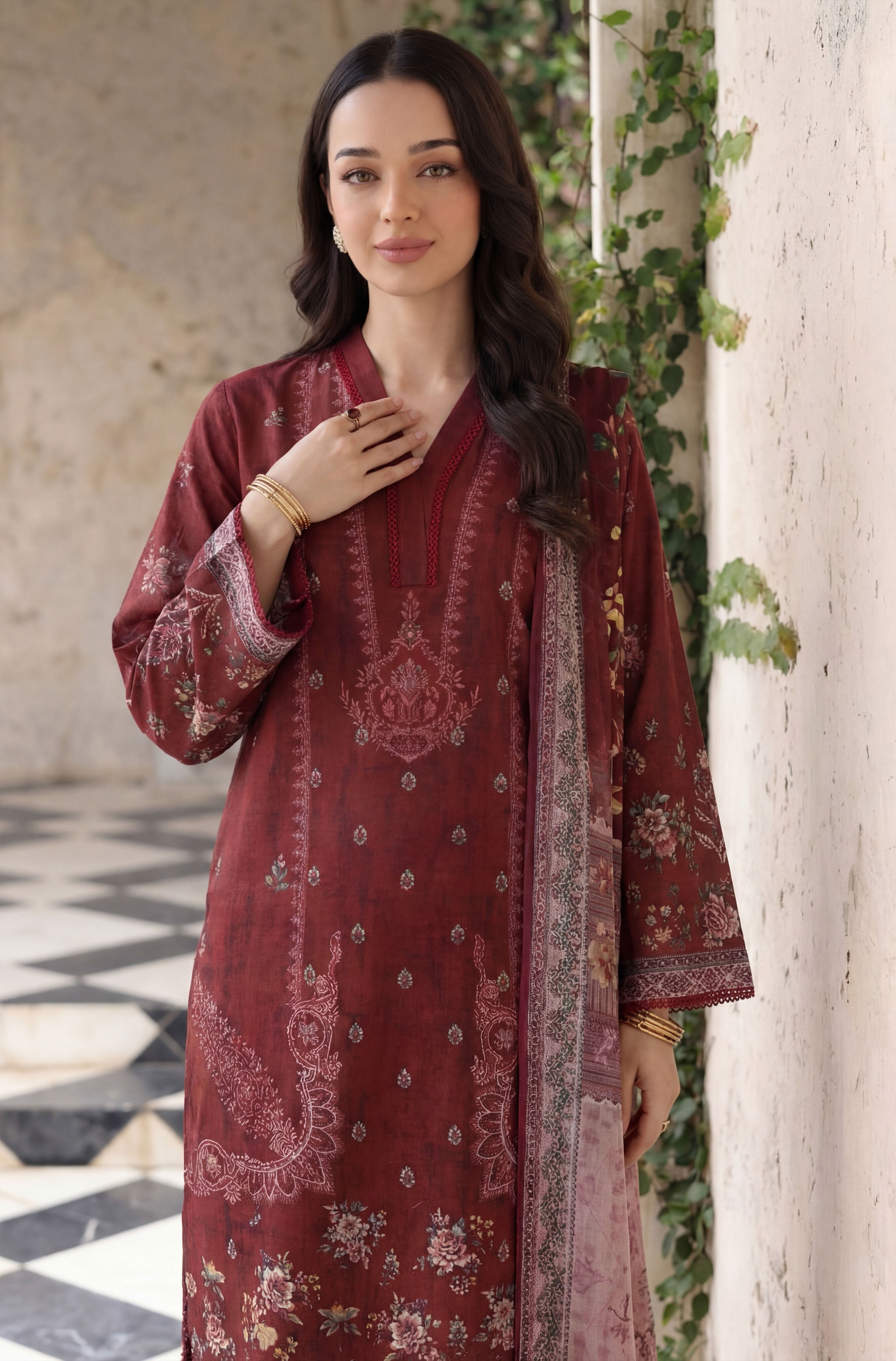 Maroon 3pc Lawn Stitched Suit