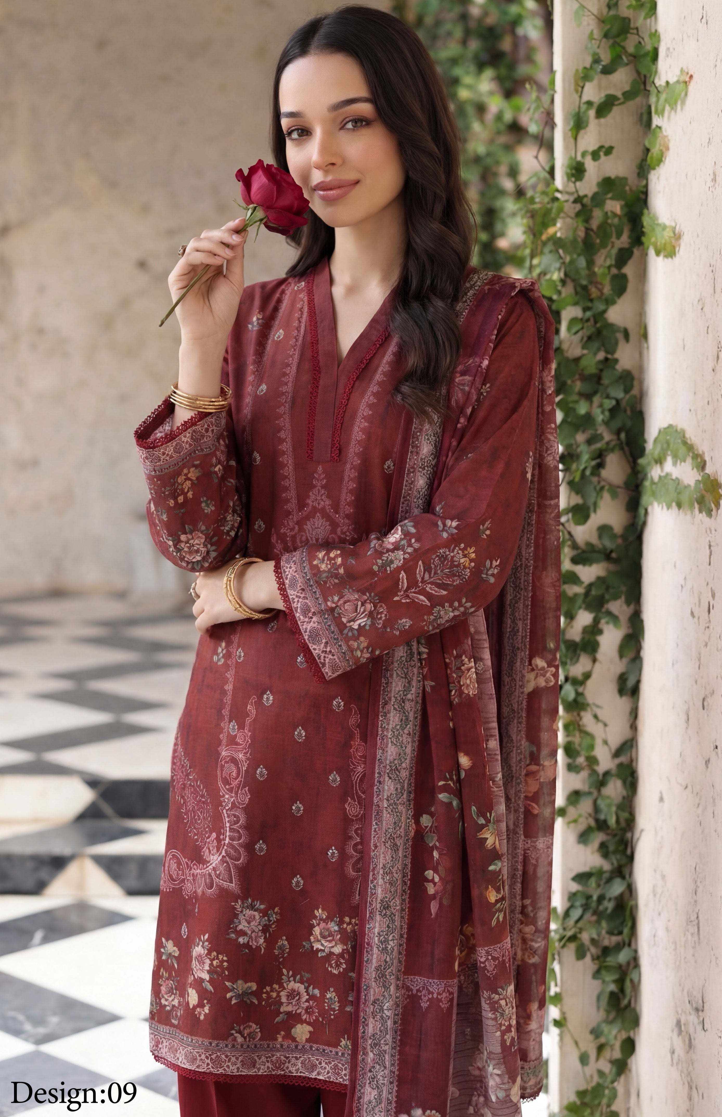Maroon 3pc Lawn Stitched Suit