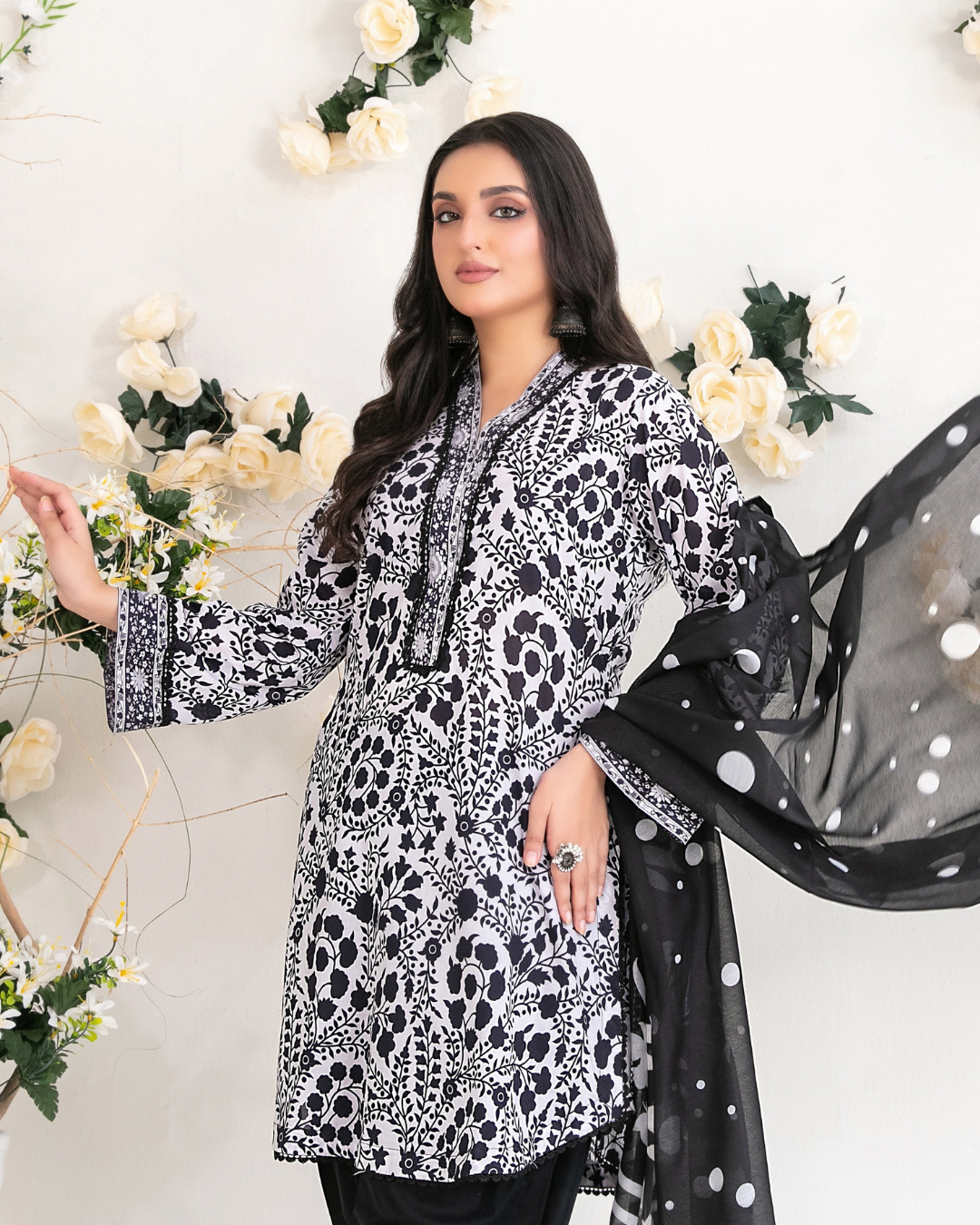 White & Black Floral Printed Suit with Polka Dot Dupatta