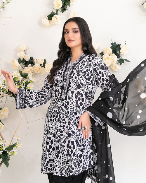 White & Black Floral Printed Suit with Polka Dot Dupatta