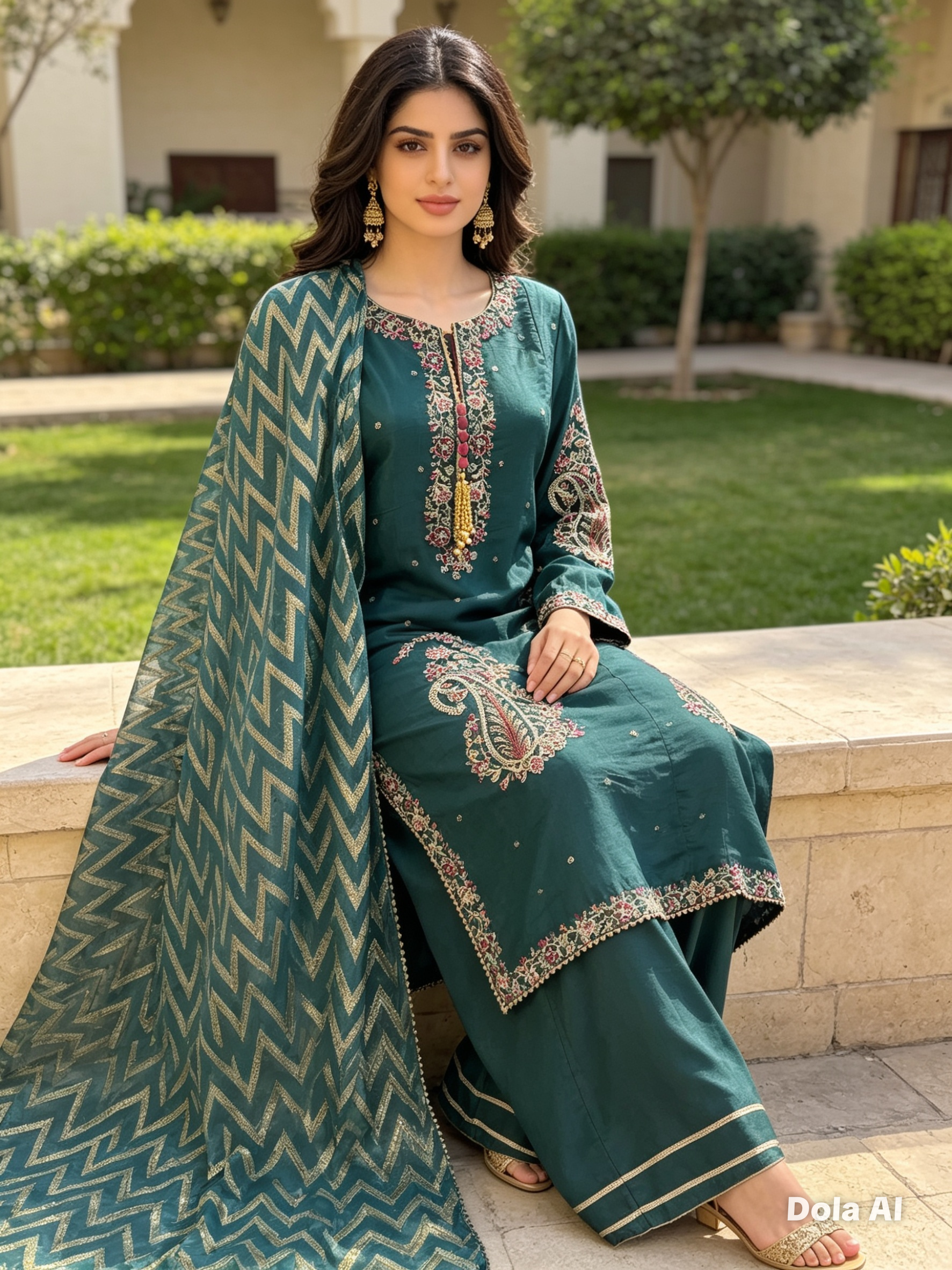 Ethnic inspired 3pc outfit in bottle green