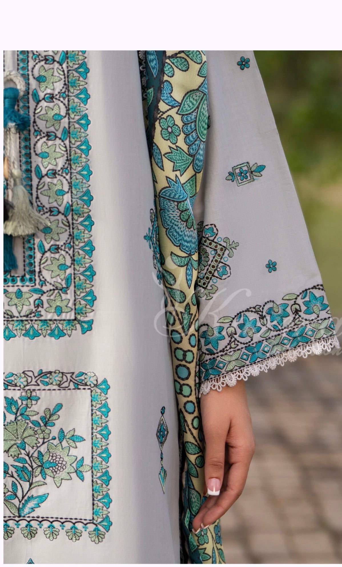Grey with blue embroidery 3pc original karma suit with long kameez and plazo