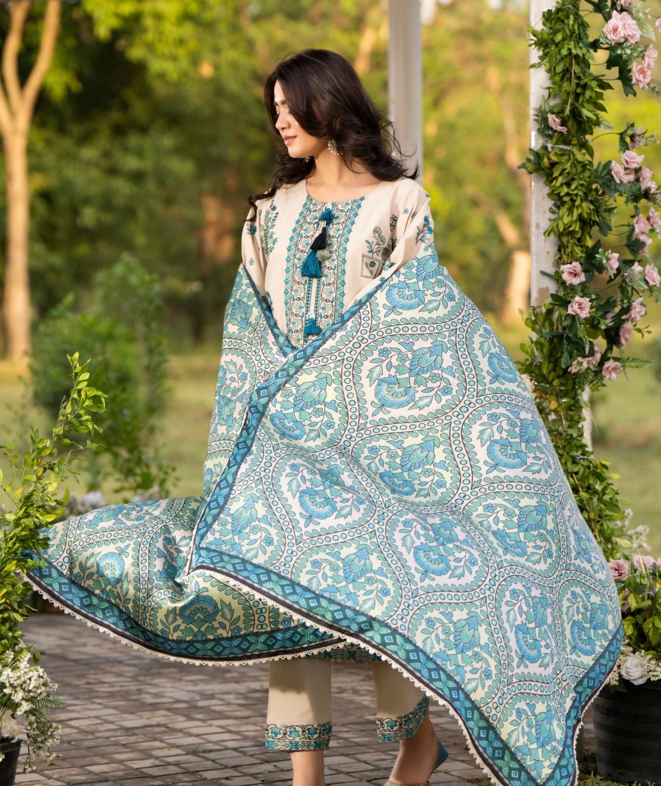 Baige and blue 3cpc embroidery original karma outfit