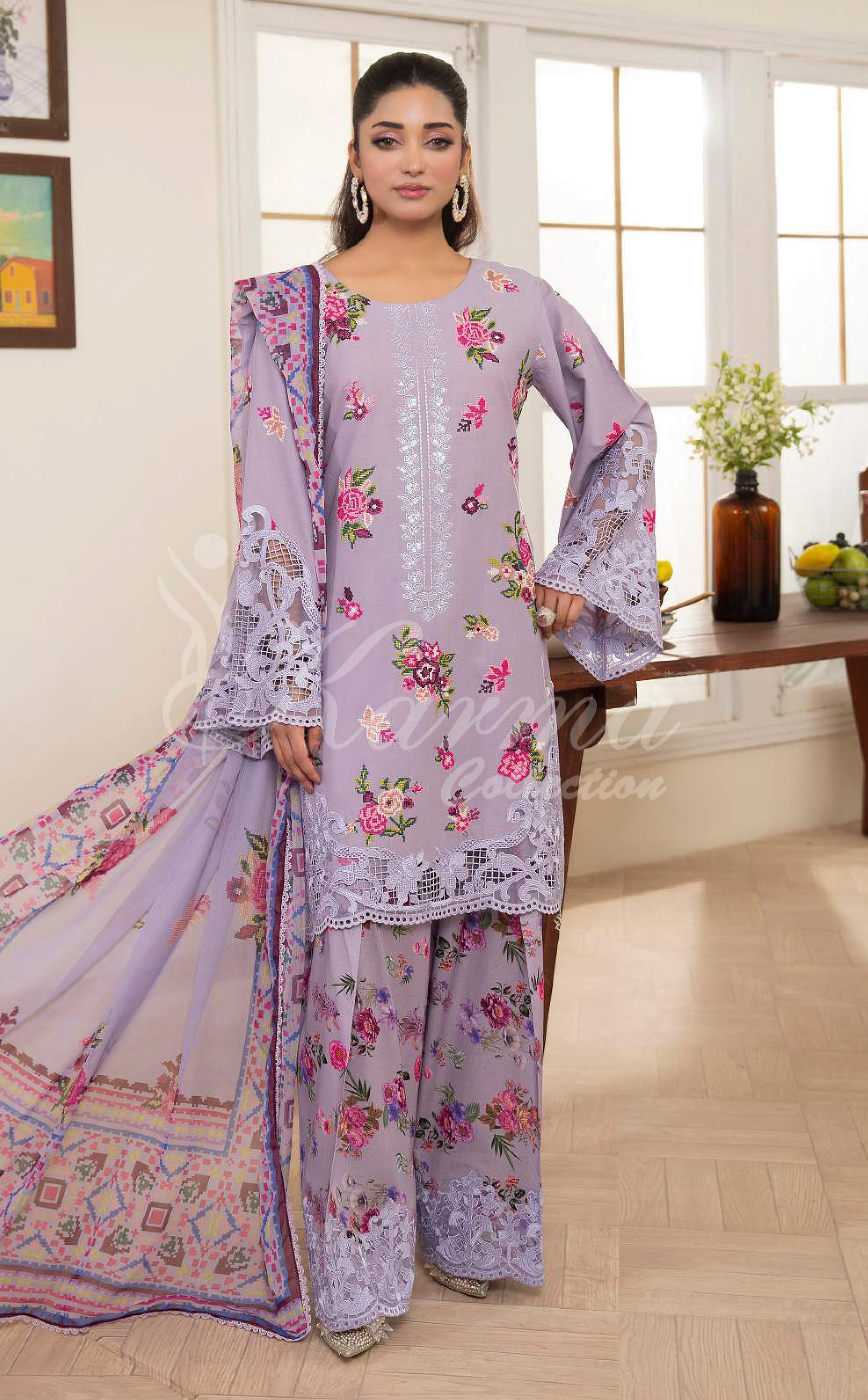 Heather Purple Embroidered Lawn Suit with Floral Printed Trouser & Chiffon Dupatta