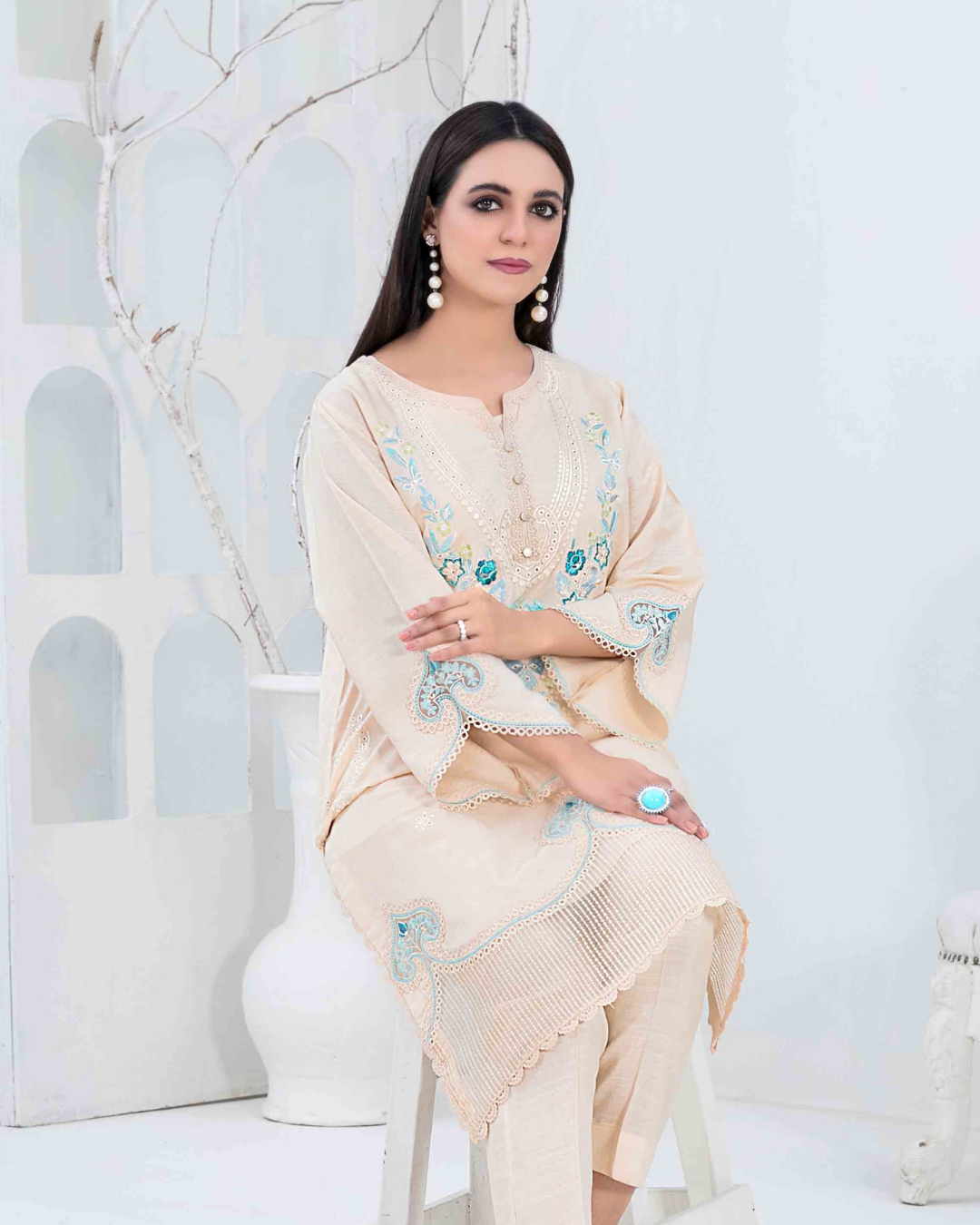 Beige Embroidered Slub Linen 2-Piece Suit