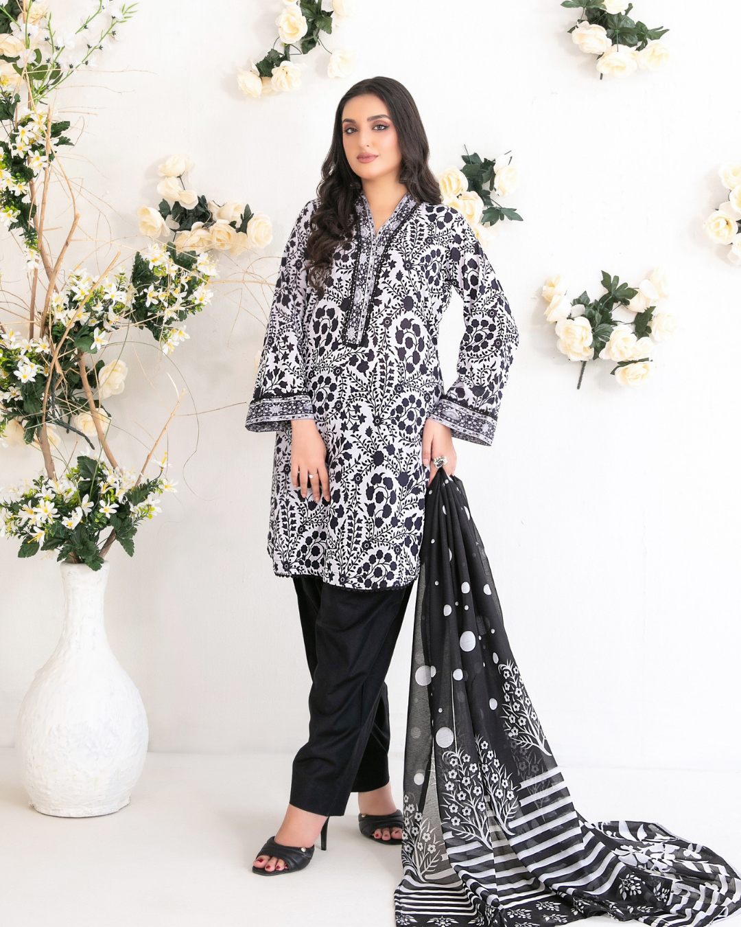 White & Black Floral Printed Suit with Polka Dot Dupatta