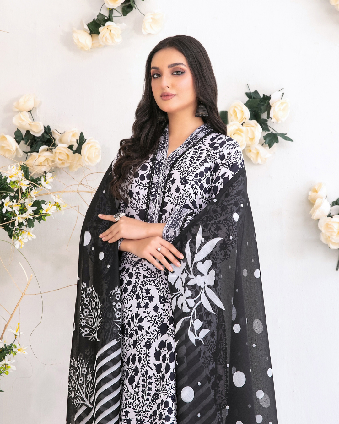 White & Black Floral Printed Suit with Polka Dot Dupatta