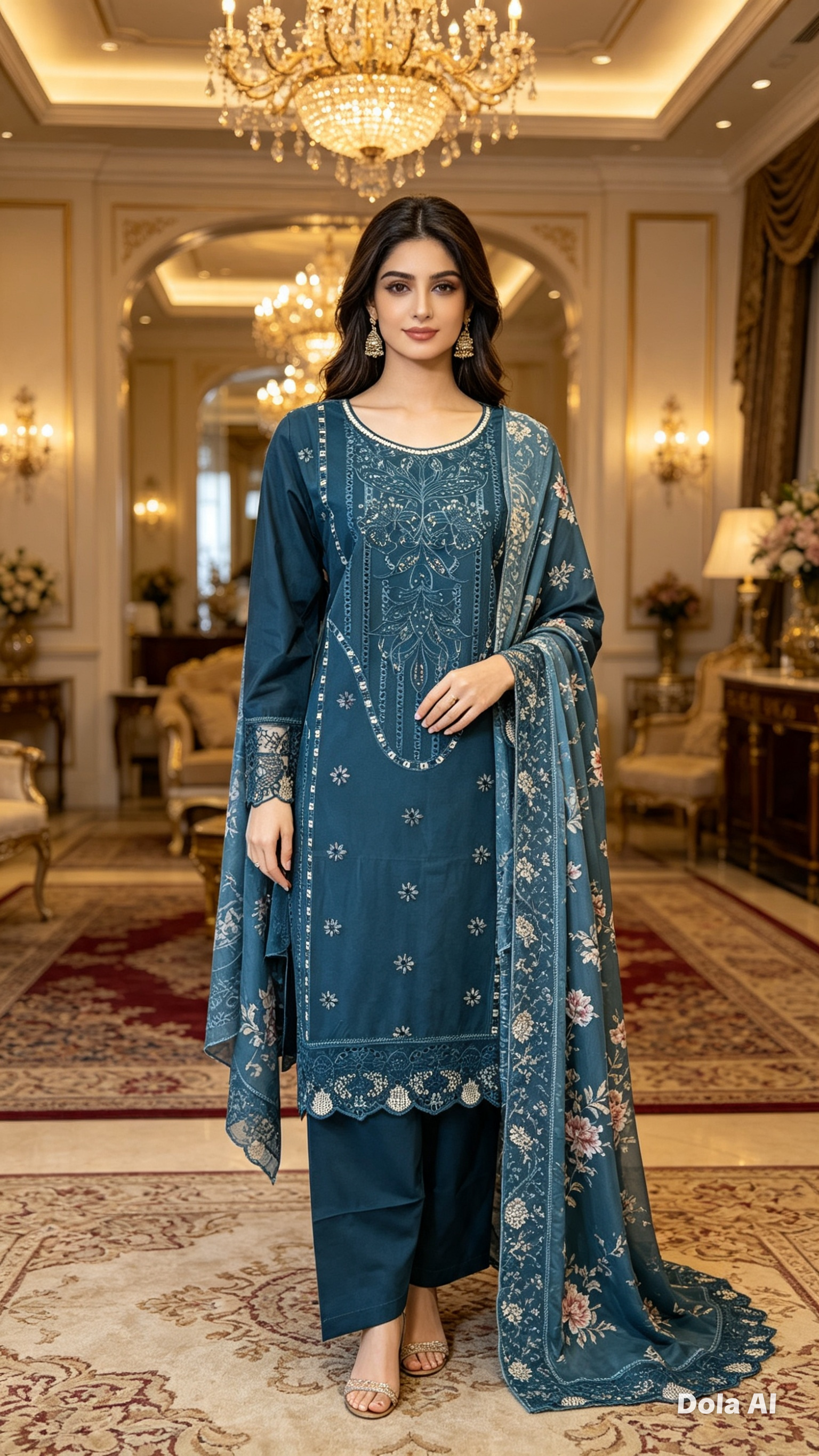 Turquoise 3pc kameez trouser and scarf Sd