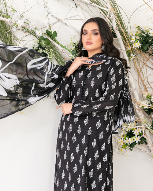 Black & White Printed Suit with Floral Digital Print Dupatta