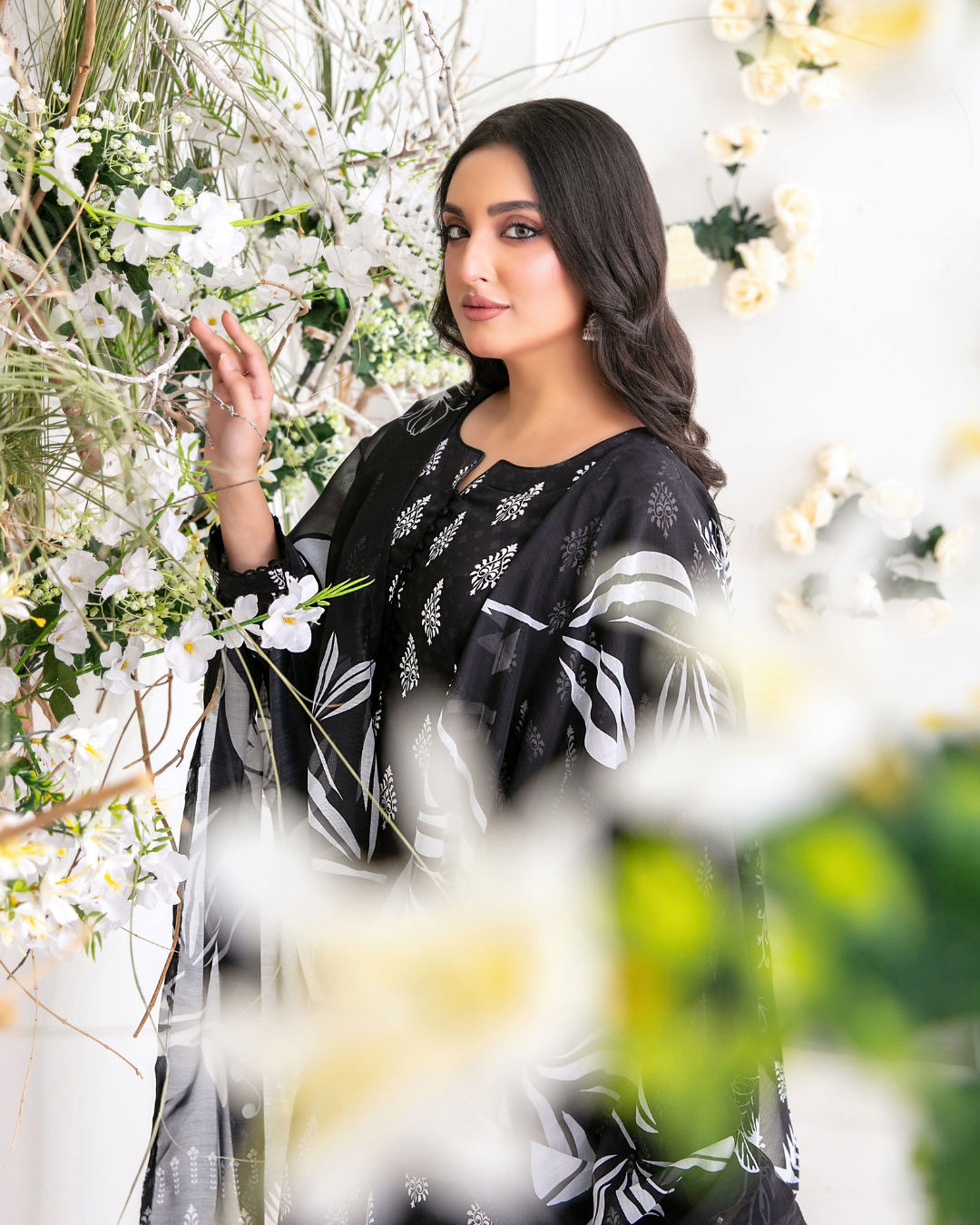 Black & White Printed Suit with Floral Digital Print Dupatta