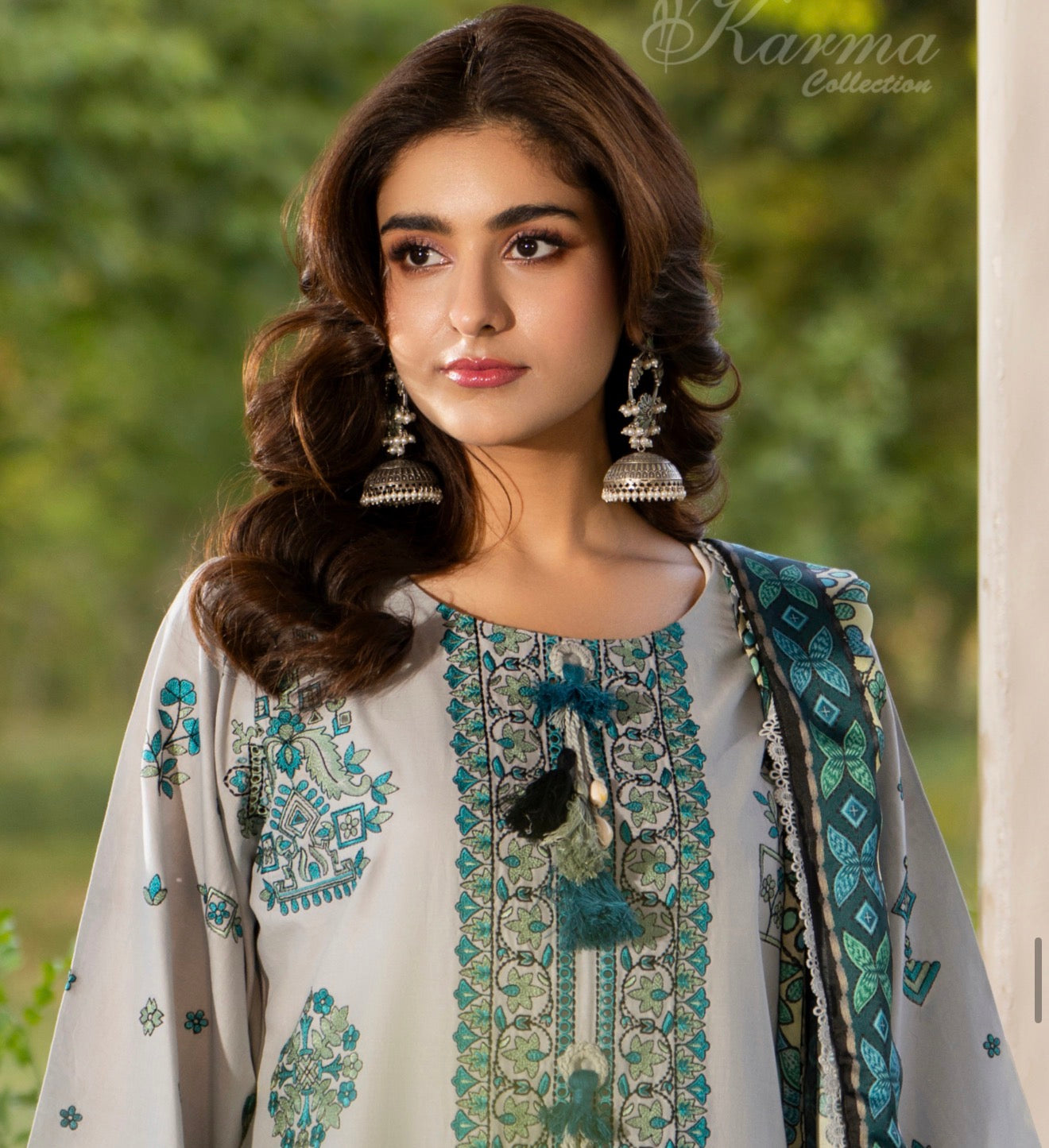 Grey with blue embroidery 3pc original karma suit with long kameez and plazo