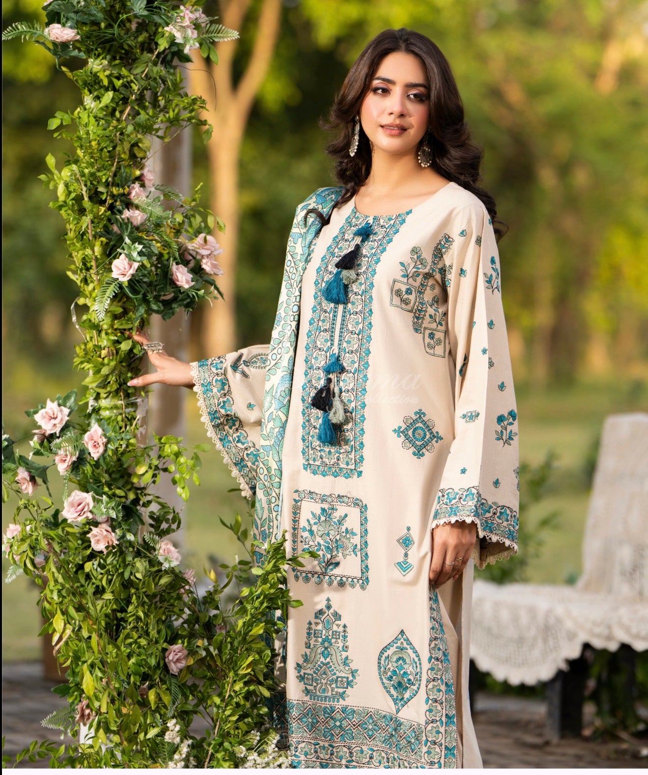 Baige and blue 3cpc embroidery original karma outfit