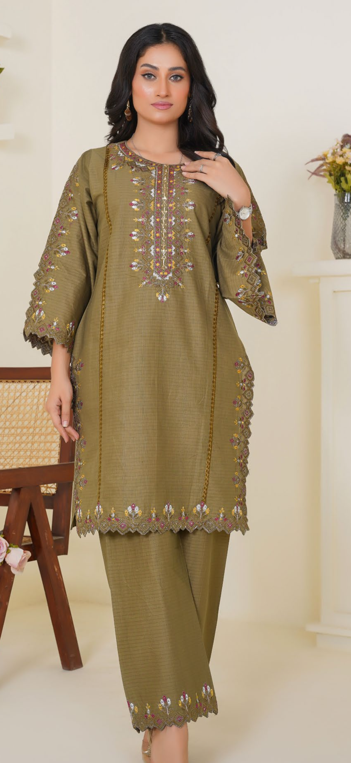 2pc khaki outfit with red,yellow and white embroidery on neckline
