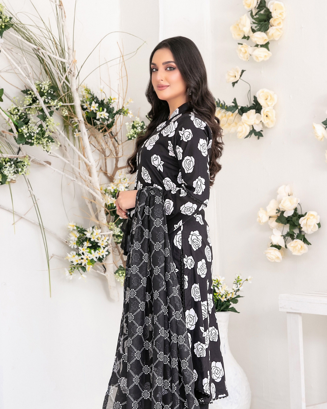 Black & White Floral Printed Suit with Digital Printed Dupatta
