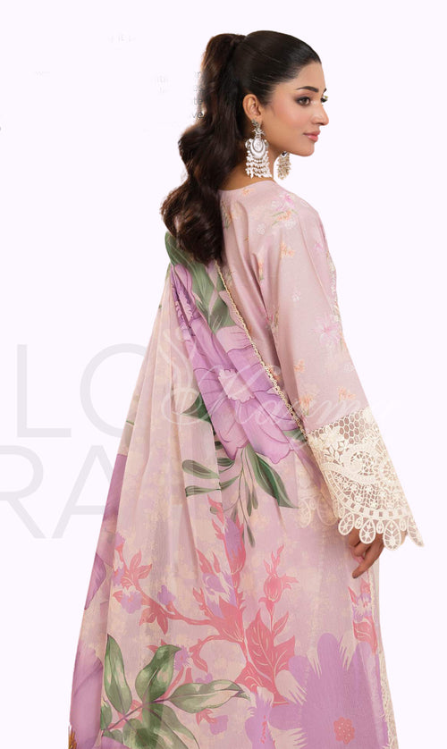Blush Pink Embroidered Lawn Suit with Straight Trouser & Printed Chiffon Dupatta