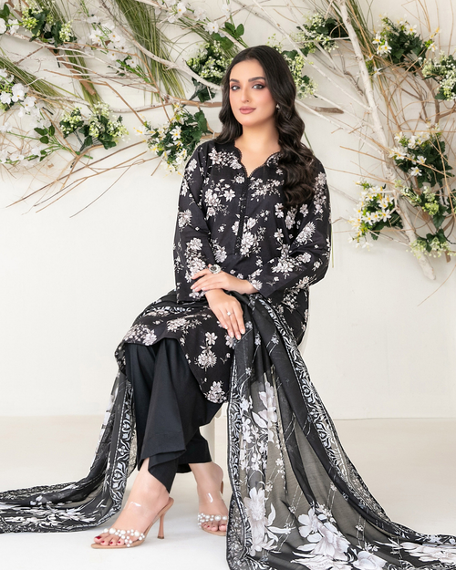 Black & White Floral Printed Suit with Monochrome Dupatta