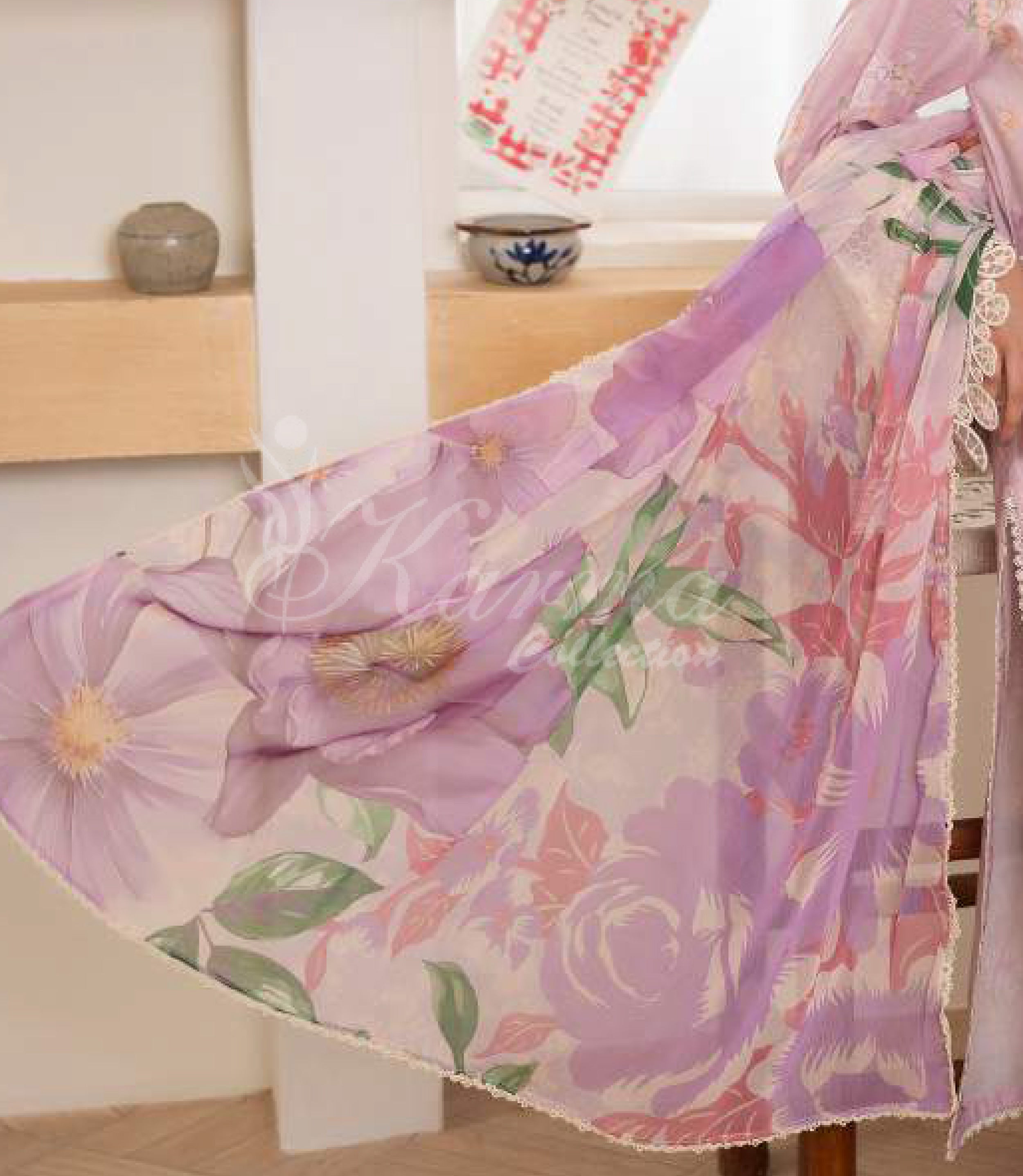 Blush Pink Embroidered Lawn Suit with Straight Trouser & Printed Chiffon Dupatta