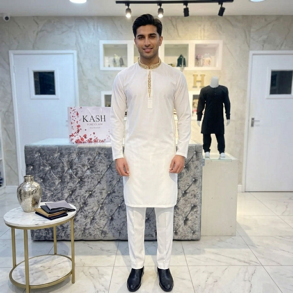 Embroidered Kurta Trouser - White with Gold