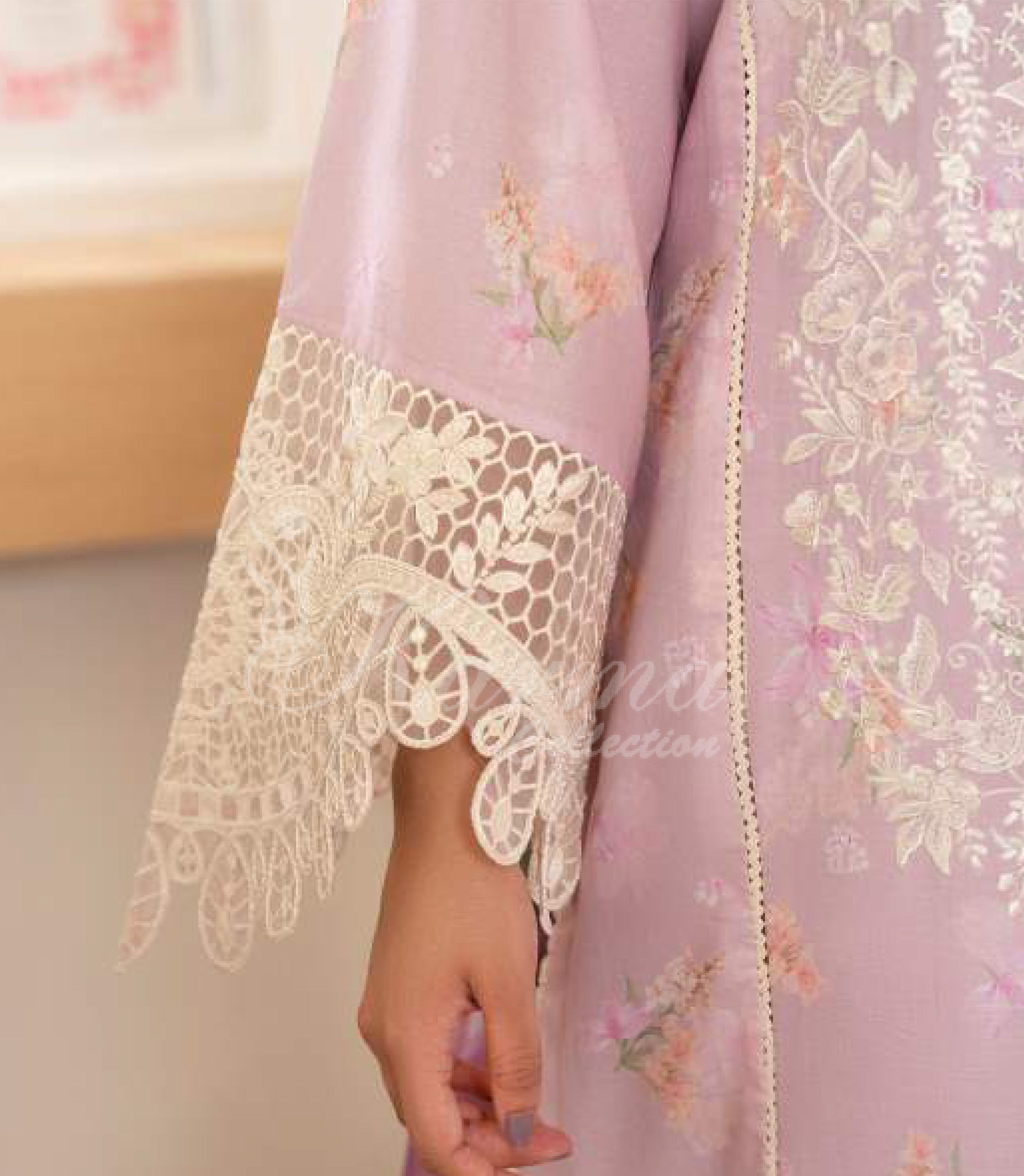 Blush Pink Embroidered Lawn Suit with Straight Trouser & Printed Chiffon Dupatta