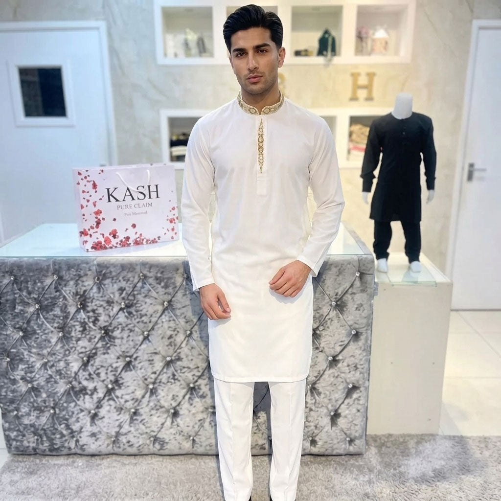 Embroidered Kurta Trouser - White with Gold