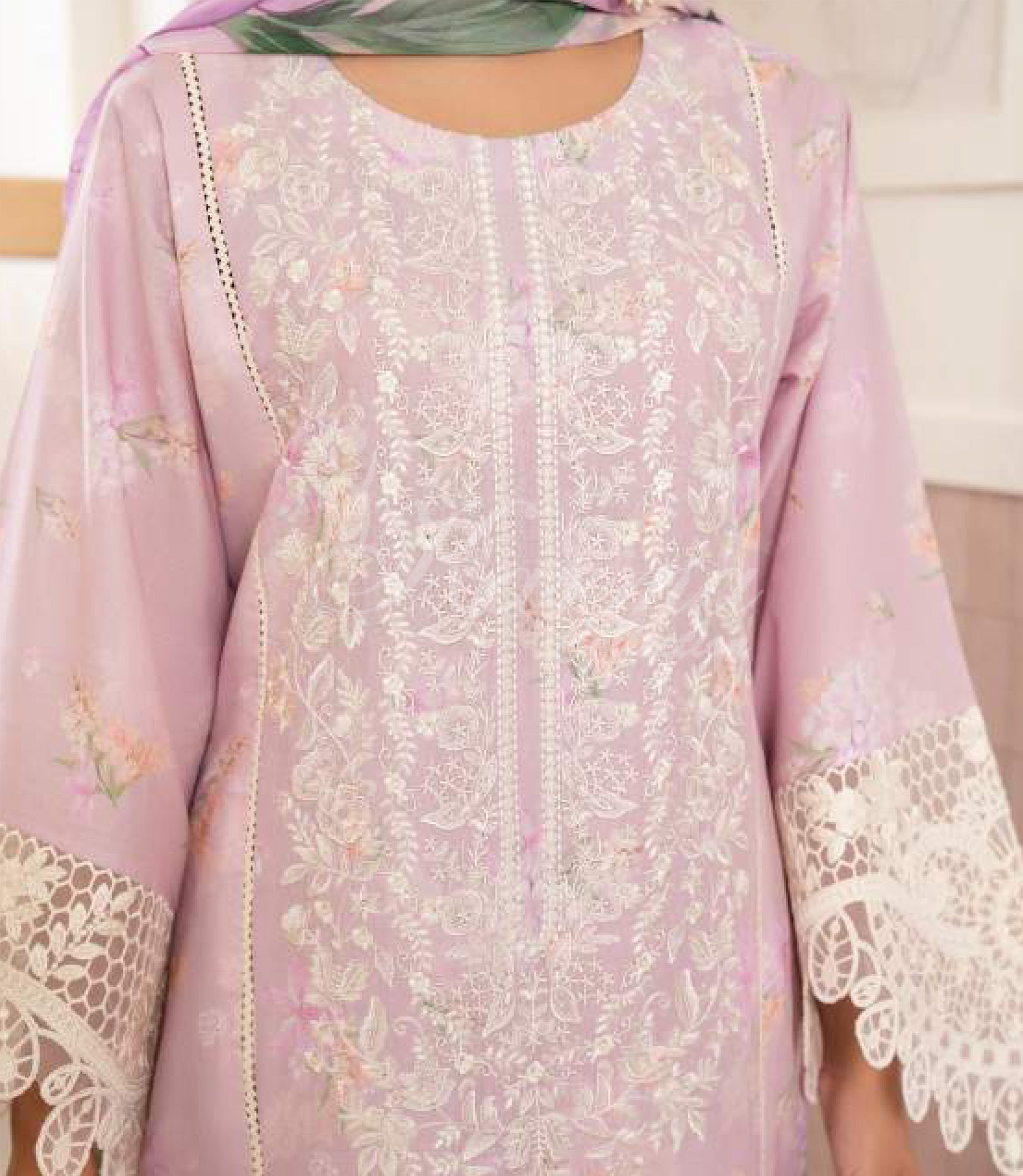 Blush Pink Embroidered Lawn Suit with Straight Trouser & Printed Chiffon Dupatta