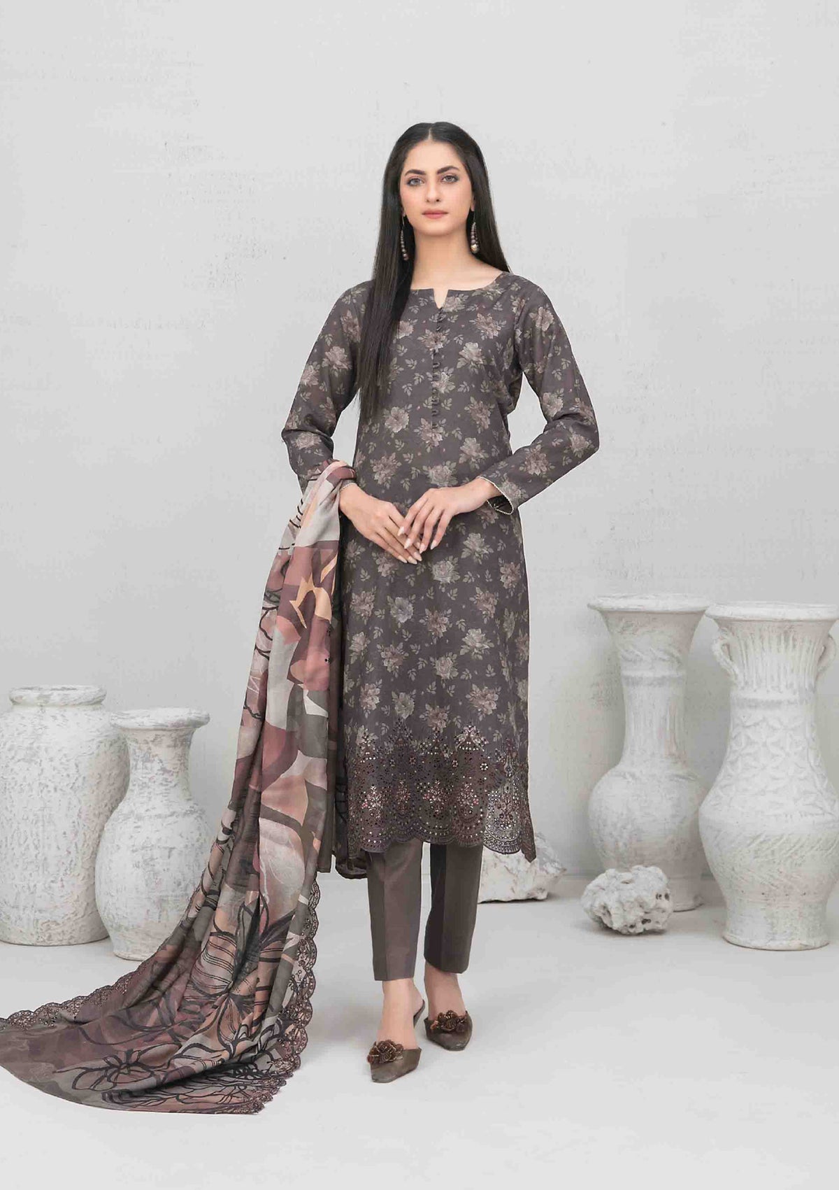 3pc Digital printed lawn suit with embroidered digital print cutwork Dupatta